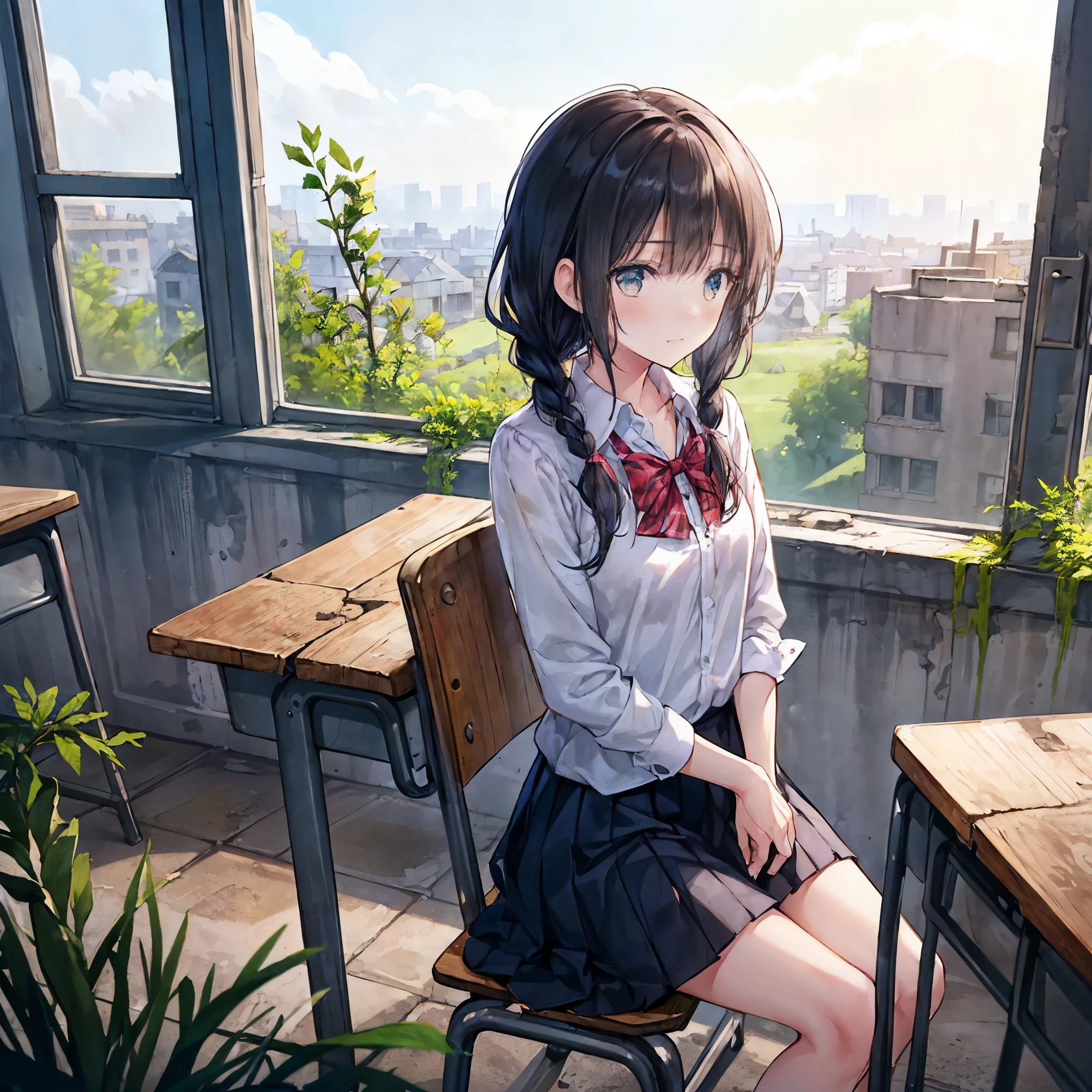 Concept art of a post-apocalyptic world with ruins, overgrown plants, flat chest，((the only girl who survived))，The content is very detailed,Detail view，anime，master piece，dilapidated building right sun，Dilapidated classrooms，Shabby table，Broken chair，open air，(covered with moss and grass)，3、Four&#39;afternoon clock，((Remains))，((A girl is sitting in the classroom and looking into the distance)),side，uniform，twisted braids，vanishing point, prospect, movie lighting，close-up shot shot