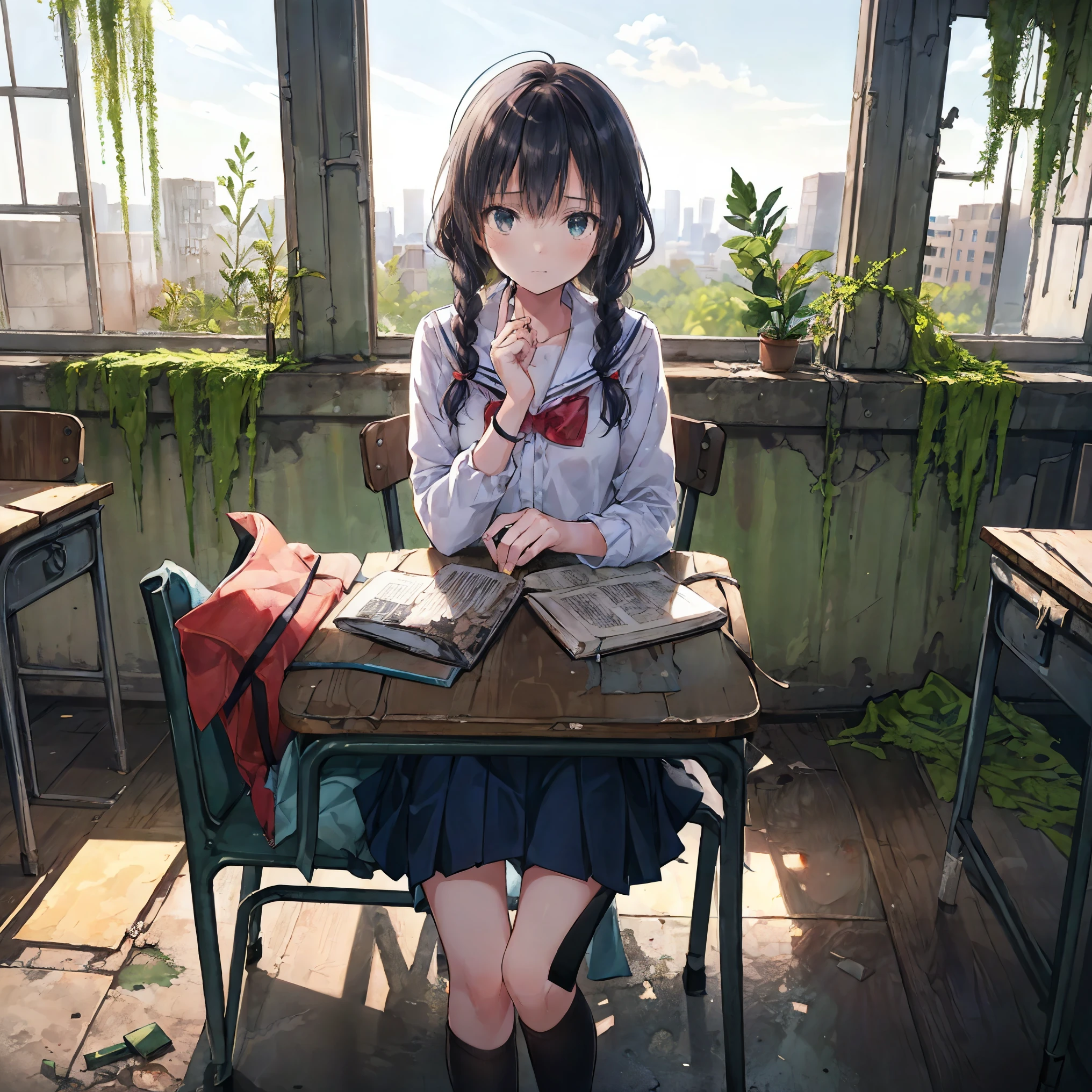 Concept art of a post-apocalyptic world with ruins, overgrown plants, flat chest，((the only girl who survived))，The content is very detailed,Detail view，anime，master piece，dilapidated building right sun，Dilapidated classrooms，Shabby table，Broken chair，open air，(covered with moss and grass)，3、Four&#39;afternoon clock，((Remains))，((A girl is sitting in the classroom and looking into the distance)),side，uniform，twisted braids，vanishing point, prospect, movie lighting，close-up shot shot