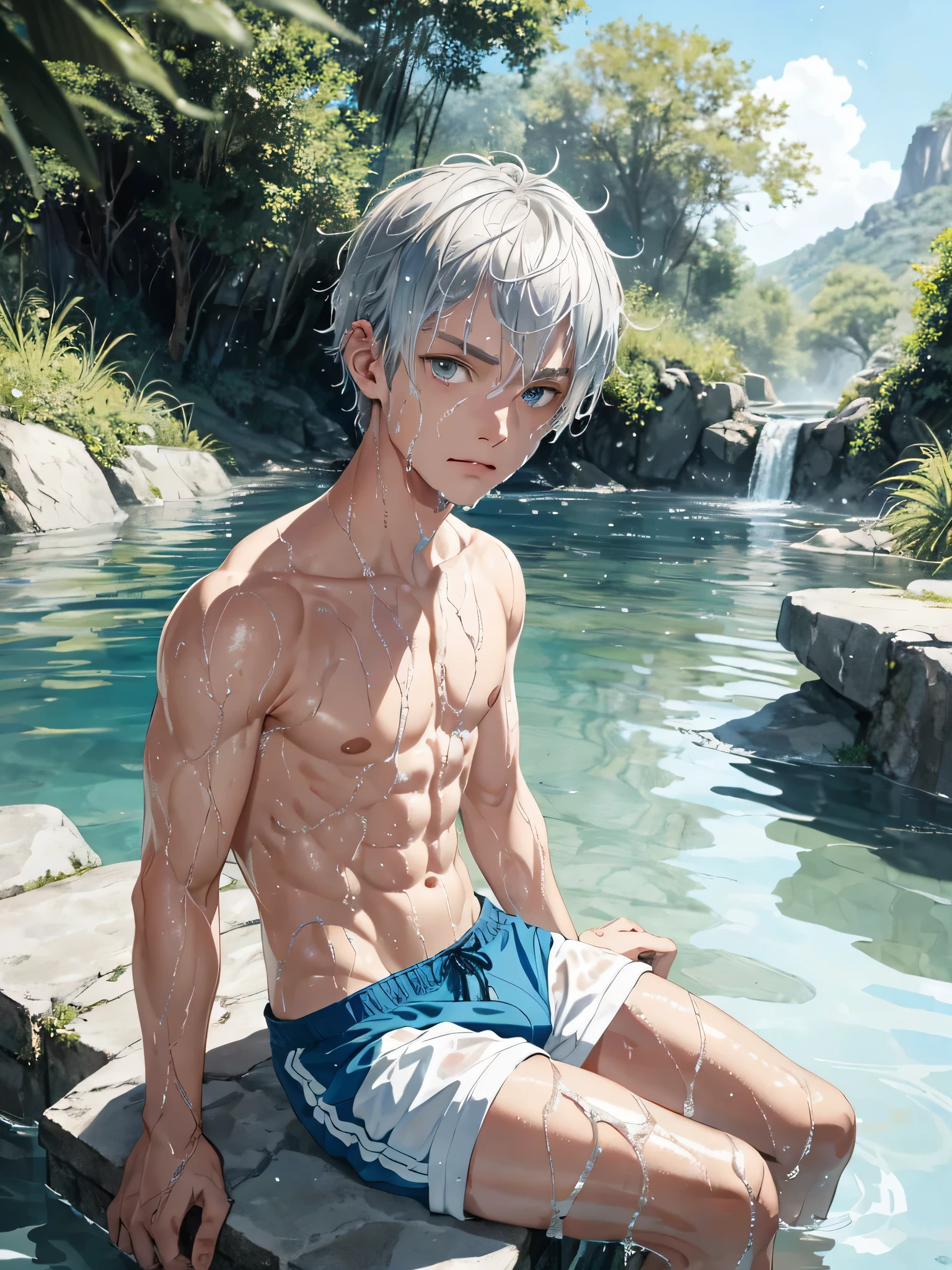 1 boy, Silver hair and blue eyes, male focus, Pouting, shirtless, white shorts, barefoot, (arm support: 1.1), (Partially submerged: 1.1), sitting, (wet: 1.4), cowboy shooting, look up, looking at the audience, from above, from the front, water, playing in the river, river, forest, Sunlight, summer