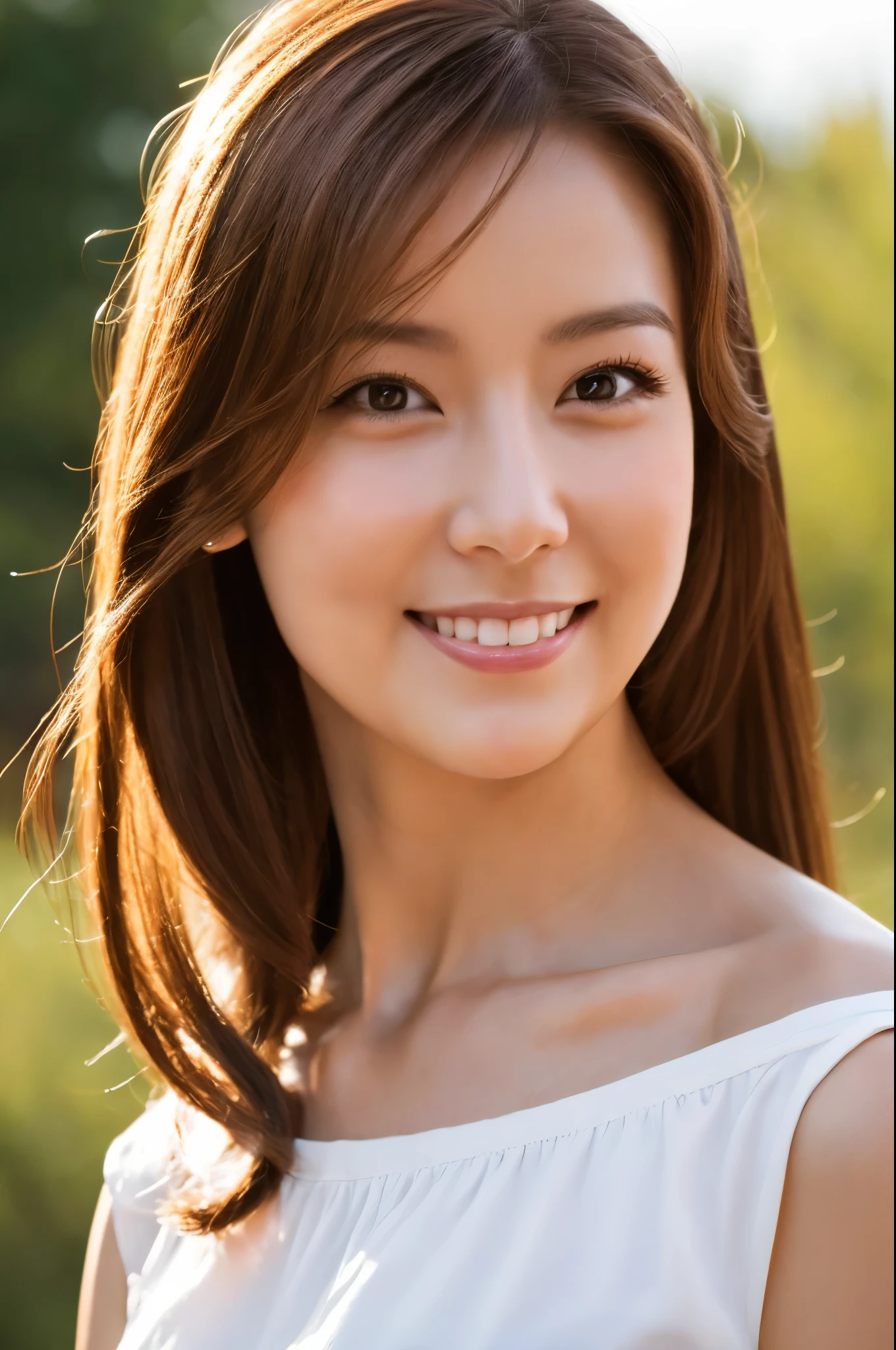 (Masterpiece:1.3), (8k, Photorealistic, RAW Photography, Best Quality: 1.4), soft light, professional lighting, 1girl, 30 years old, neat and clean beauty, closed mouth, smile, Brown Medium hair, outdoors
