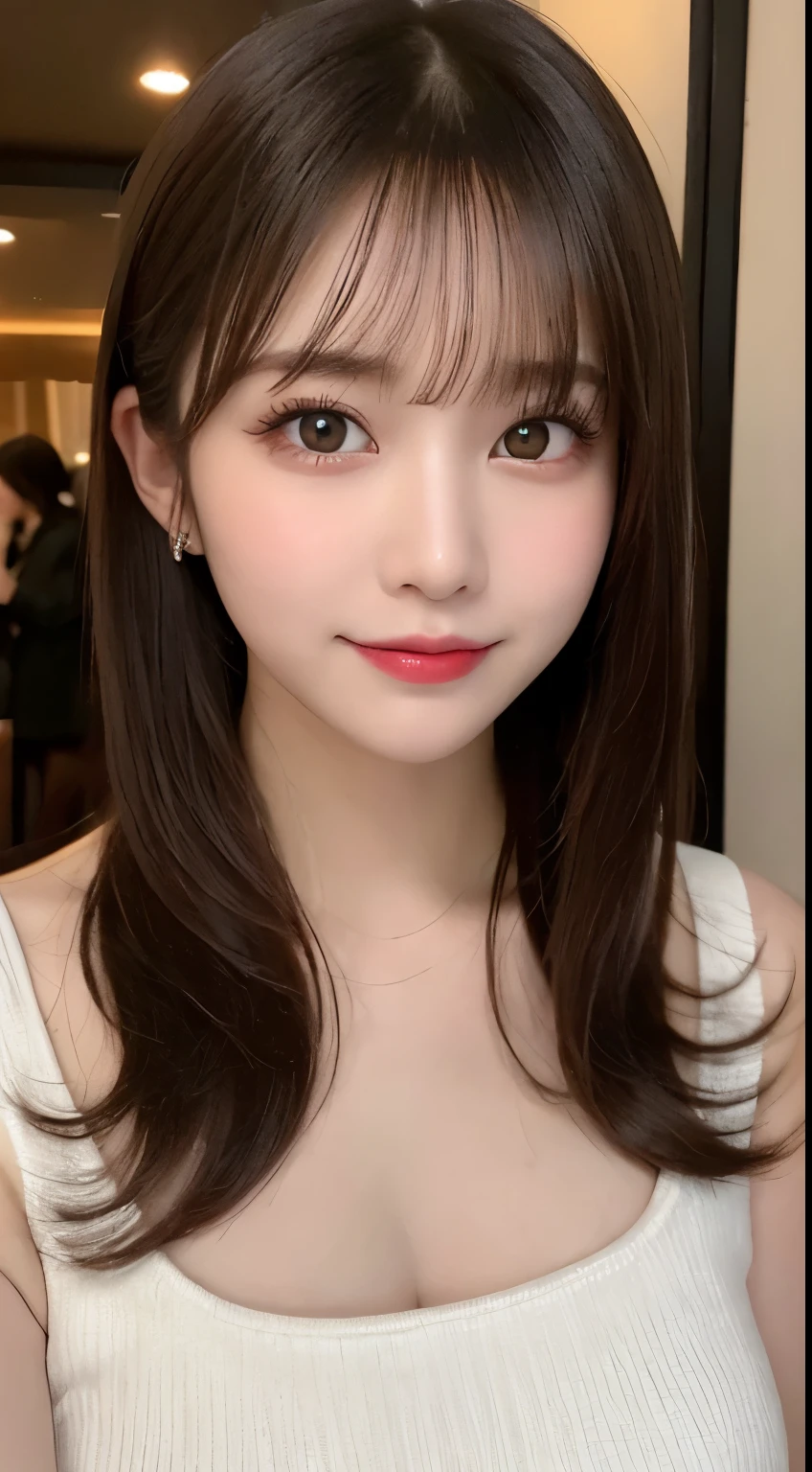 table top, highest quality, shape, Super detailed, finely, High resolution, 8k wallpaper, 完璧なダイナミックな構shape, beautiful and detailed eyes, classy and gorgeous winter dress,straight hair,,natural color lip,smile,20 year old girl、cute、Sexy looking at camera,Always blur the background,perfect and beautiful face,Take only the face,beautiful and detailed face、slim face and style、Big eyes、elegant face、beautiful and detailed face、KPOP idol face、japan idol face、Big eyes、Party venue on the top floor of a high-rise hotel、blur background、Take a full body photo