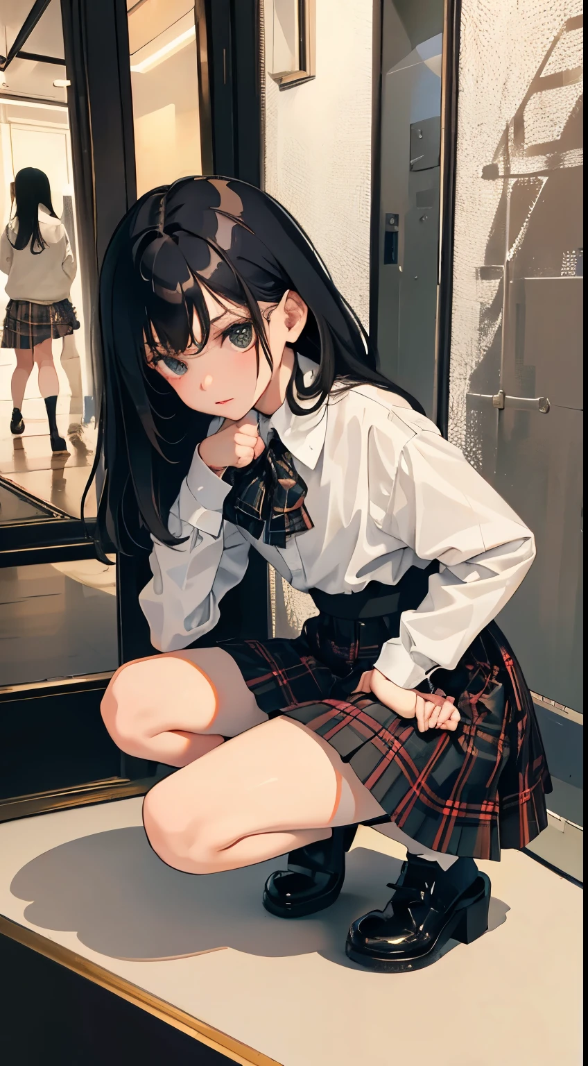(short cute girl,small young student,young delicate girl),(masterpiece,Top quality),squat,long black hair,Plaid beige skirt