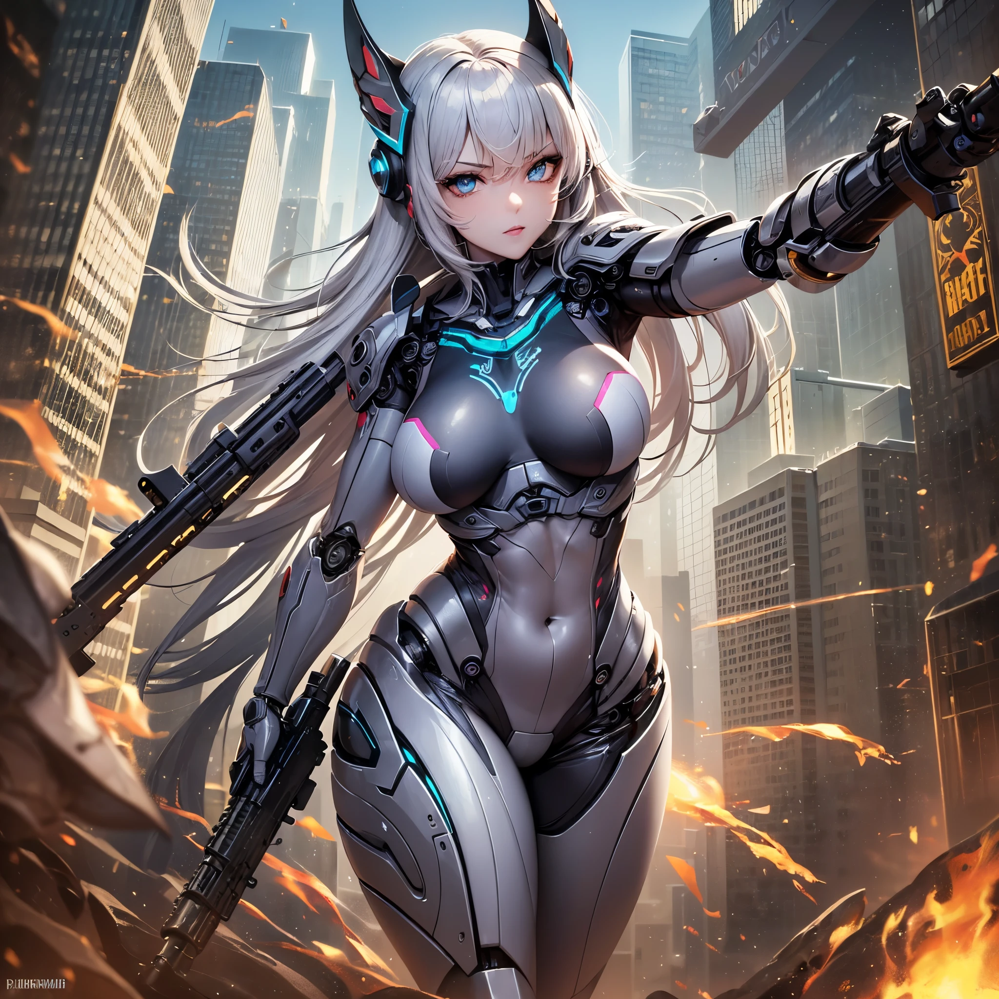((highest quality)),(ultra high resolution),(Super detailed),(detailed description),((best CG)),(best work of art),super precision art,great drawing art,(Sci-fi art with precise details:1.5), (One female robot:1.6),(beautiful and well-shaped face:1.5),((A complex mechanical body with intricate details:1.5)),(Luminous body embedded in the body:1.7), action scene:1.5,(dynamic pose:1.8),(her arm is transformed into a gun:1.7)