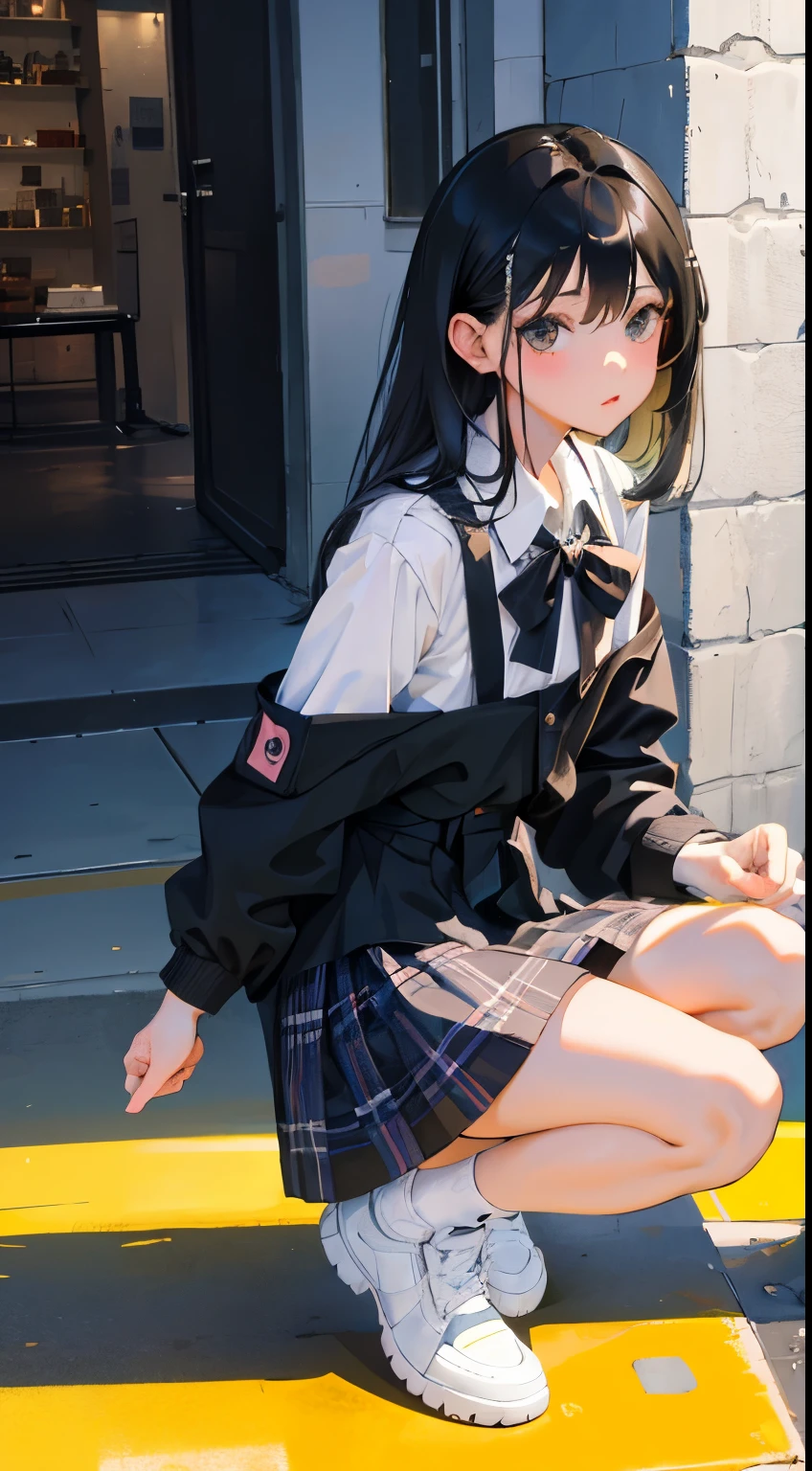 (short cute girl, young studeg delicate girl),(masterpiece,Top quality),squat,long black hair,plaid pastel colored skirt