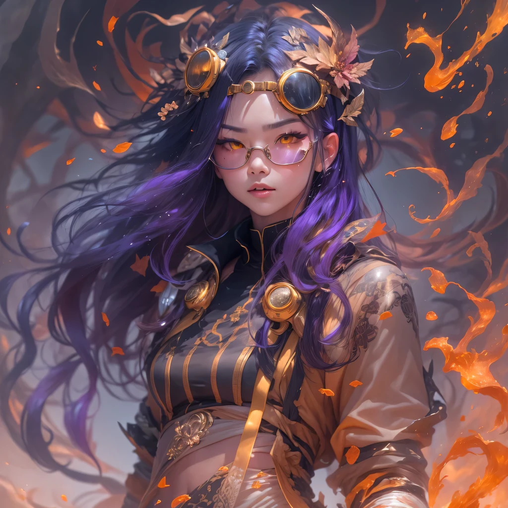 2679 Cyberpunk Year（masterpiece，HD，超HD，32k lotus root starch）Bright purple flowing hair，autumn pond， lotus root starch color， Asian （Michiko）， （silk scarf）， fighting stance， looking at the ground， Orange gradient long hair， ((Thick frame reflective jade windproof goggles))Floating bright purple， Fire cloud gold headdress， Chinese long-sleeved gold silk garment， （Abstract ink splash：1.2），mars background，lotus（realistically：1.4），bright purple hair，Smoke on the road，The background is very ivory、pure， high resolution， Detailed wind protection goggles， RAW photos lotus root starch， Sharp Re， Nikon D850 film photo by Jefferies Lee 4 Kodak Portra 400 camera F1.6 guns, rich and colorful, Super real、Vivid textures, dramatic lighting, Unreal Engine Art Station Trend, Silicon Nest 800，