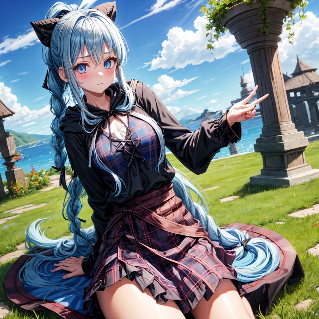 patina hair、blue eyes、Braid、ponytail、one good looking girl、solo、anime、Plaid miniskirt、camisole、black t-shirt、Tilting your face、Doing the ribbon、Ribbon at waist、cloak、Crystal Grotto、wearing a hood、look back、sitting、grass、clouds are being sucked in