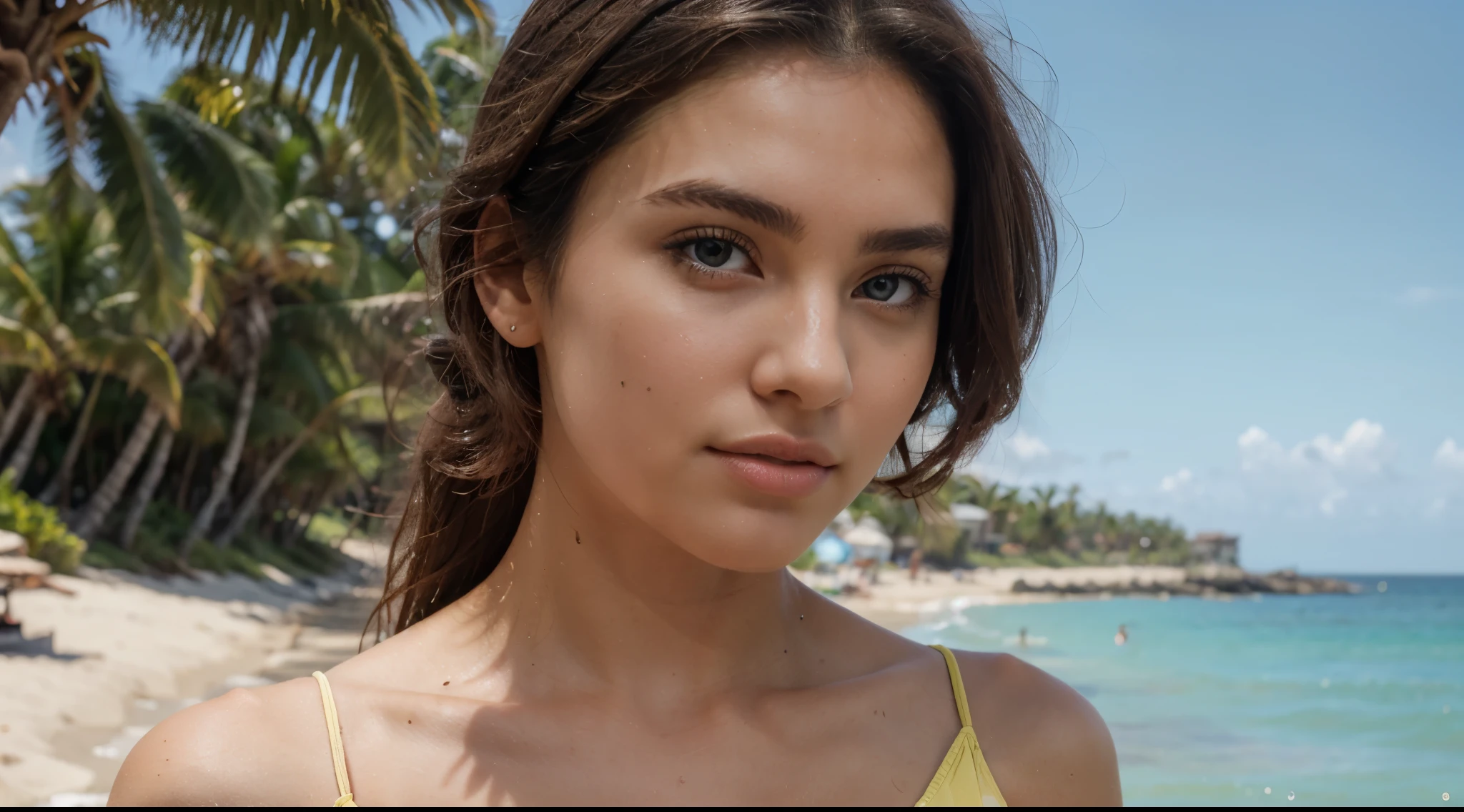 high detail, photorealistic, 4k, high quality, blurred background, photograph of a woman walking at the beach, ((from front,going at viewer, looking at camera)), tropical plants, wearing bright yellow dress, dark brown hair, natural makeup, blue eyes, Madison Beer, ((full body)), deep tan skin, glow, sweat, (sunlight, sunshine, sunbeam), high detailed face, eyes in sharp focus, high quality face, high detailed hands, high quality hands, anatomically correct,