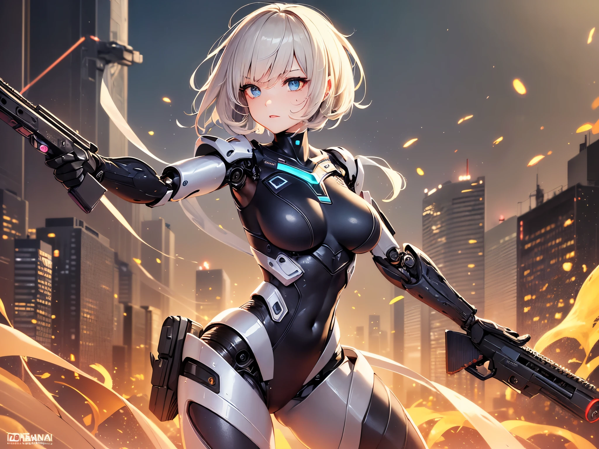 最high quality、best image quality、masterpiece、Android Girl((Robot body、20-year-old、 By becoming、vest bust、medium bust,wide open breast tea、black eye, blonde hair、long hair、thin,highest valley、glowing battle uniform、elationのある動き、Leaning forward heavily、Feeling of sprinting、glowing head visor、carry two handguns)),high quality、beautiful art、background((huge hall venue、high speed、Red laser))、debris flies、書かれた境界のdepth、movie、visual art、perfect art、8K,genuine、elation、Dynamic expression(1:2)、elation、depth((big explosion))