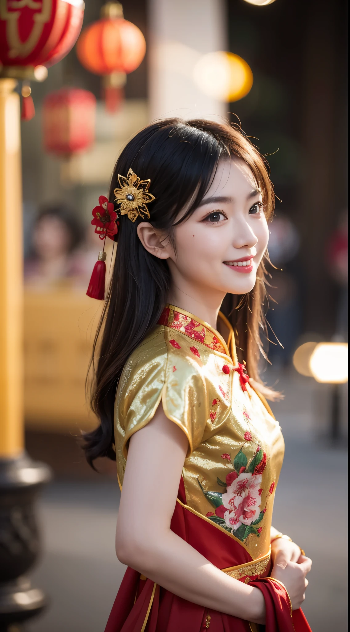 Chinese New Year costume, Portrait girl beautiful Bokeh Pelzval. 8K HDR, Photography. Smile cute. portrait pose 