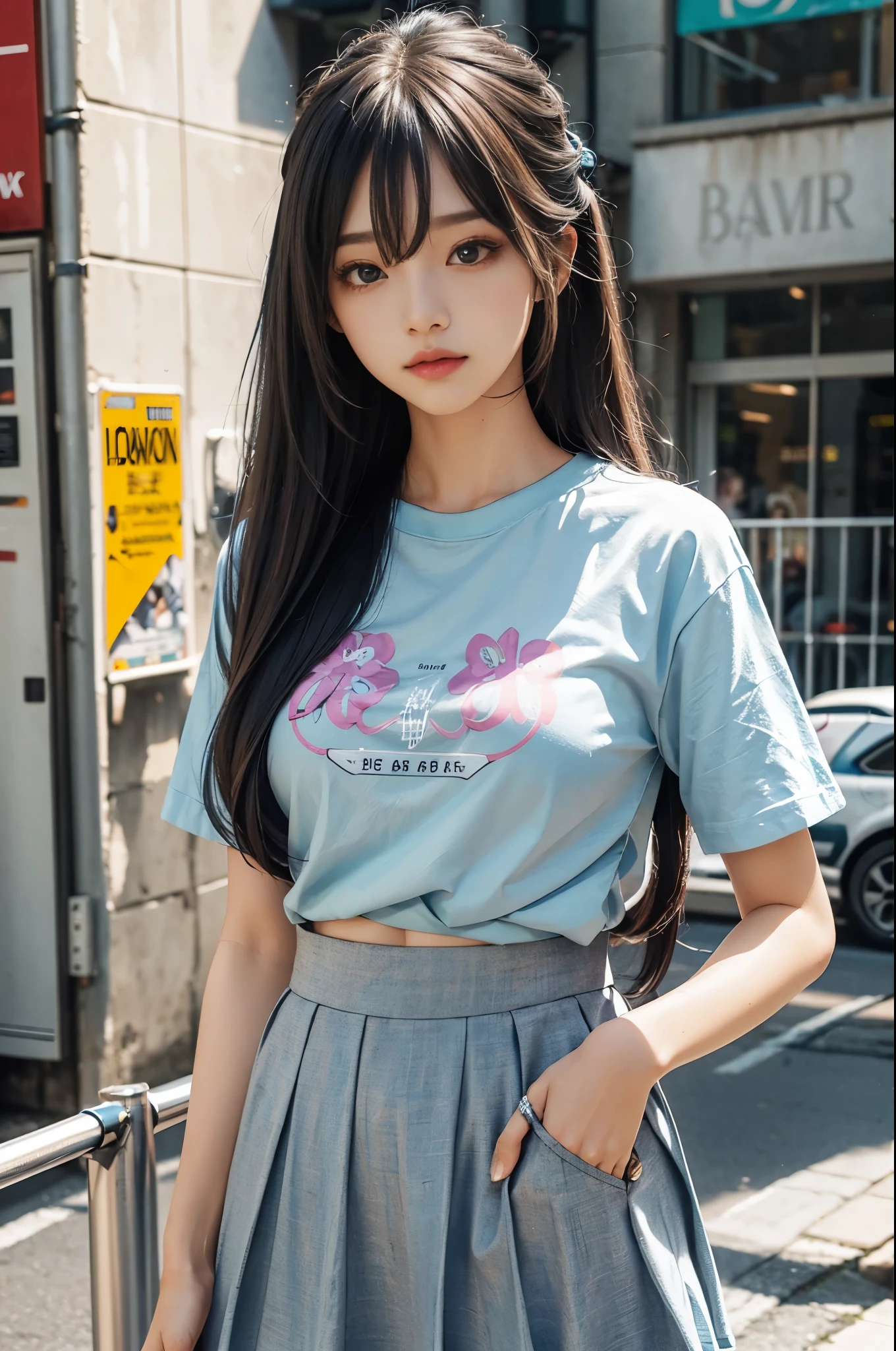 Long straight parting hair, hair bang, hair pin, pastel blue fitted T-Shirt with text printed, skirt, in street