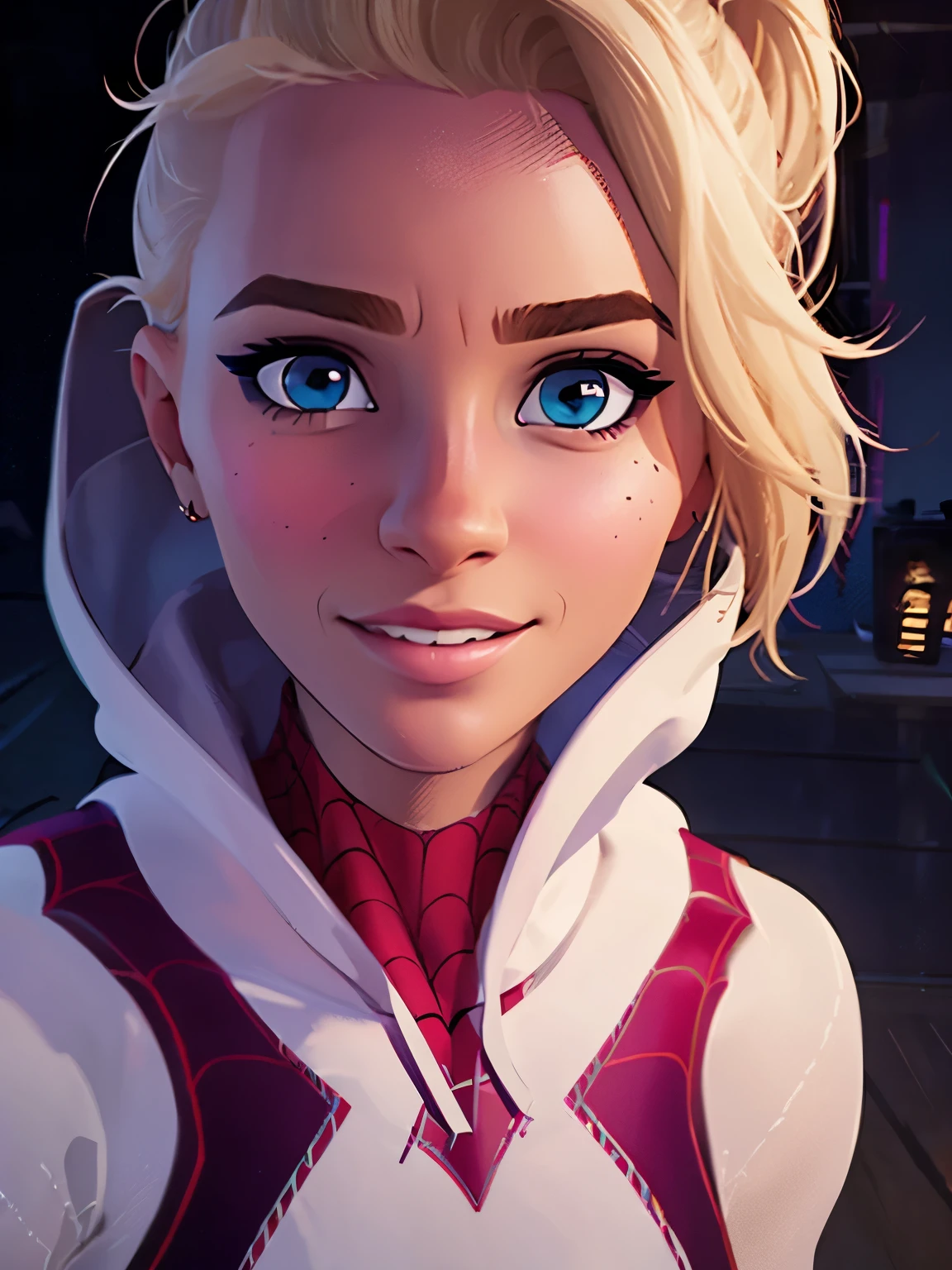 (masterpiece), ((best quality)), close-up face, light_smile, cinematic lighting, ultra-realistic, ((realistic)), (gwen_stacy), blonde_hair, short_hair, blue eyes,  solo, sidecut, asymmetrical_hair, parted_lips, eyebrow_piercing, (detailed face), beautiful 1girl, 1girl, looking at viewer, (beautiful detailed eyes), bodysuit, spider-suit, white hoodie, hood_down, portrait, upper_body, (side of head shaved), (small breasts)