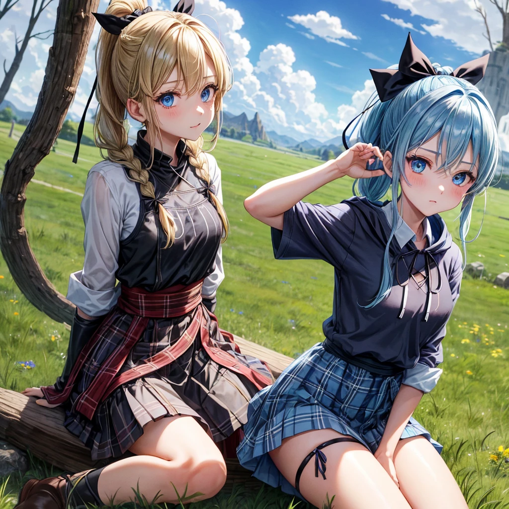 patina hair、blue eyes、Braid、ponytail、one good looking girl、solo、anime、Plaid miniskirt、camisole、black t-shirt、Tilting your face、Doing the ribbon、Ribbon at waist、cloak、Crystal Grotto、wearing a hood、look back、sitting、grass、clouds are being sucked in