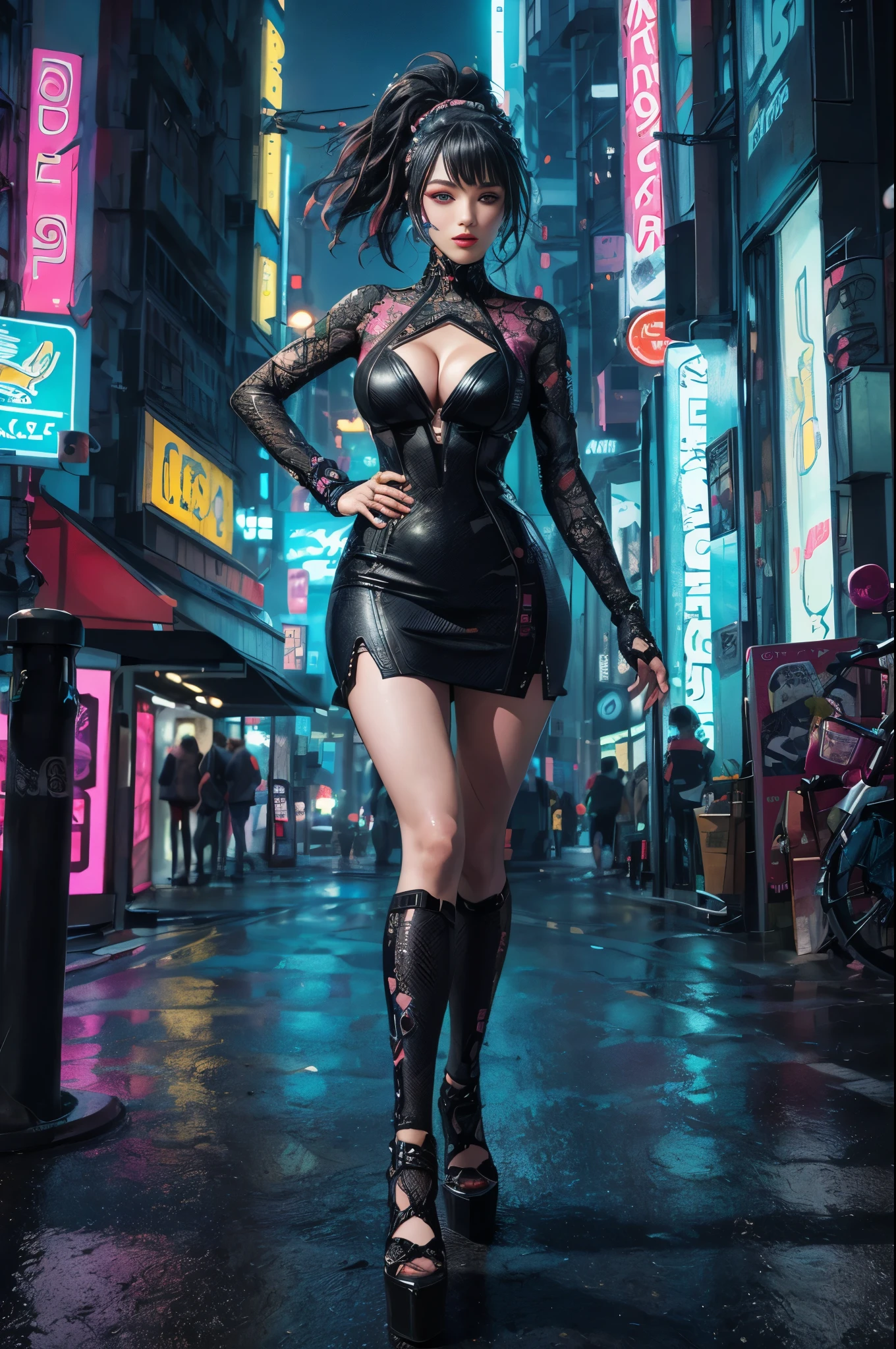 8k,masterpiece, best quality, Confident cyberpunk girl, full-body shot, Harajuku-style fashionable clothing, Bold colors and patterns, eye-catching accessories, Stylish and innovative hairstyle, Vibrant makeup, Cyberpunk’s dizzying cityscapes, skyscraper, neon lights, LED lights, Bright and vivid color scheme, anime big breasts, illustration, Detailed skin texture, Detailed fabric texture, Beautiful and delicate face, intricate details, Super detailed.