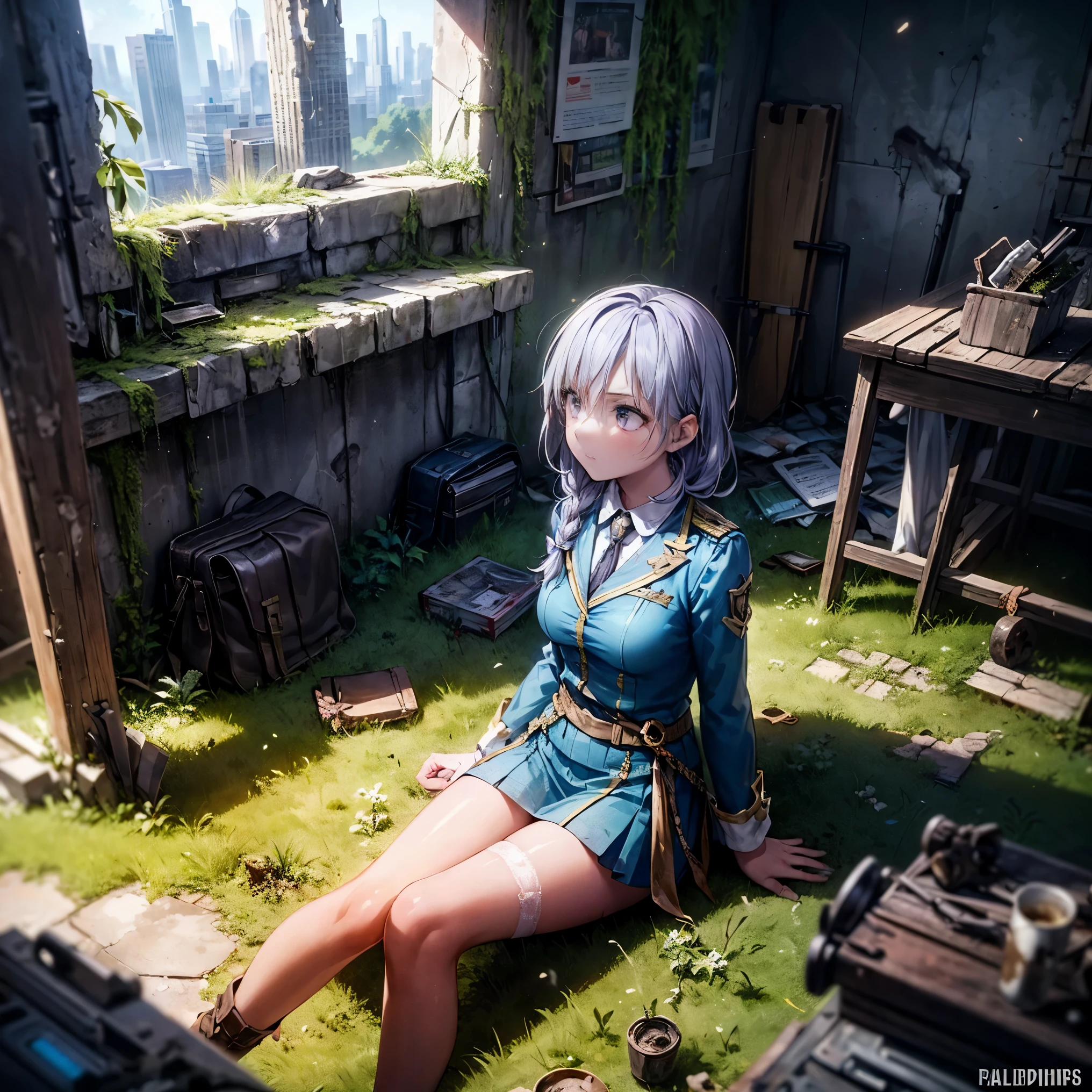 Concept art of a post-apocalyptic world with ruins, overgrown plants, flat chest，((the only girl who survived))，The content is very detailed,Detail view，anime，master piece，dilapidated building right sun，Dilapidated classrooms，Shabby table，Broken chair，open air，(covered with moss and grass)，3、Four&#39;afternoon clock，((Remains))，((A girl is sitting in the classroom and looking into the distance)),side，uniform，twisted braids，vanishing point, prospect, movie lighting，close-up shot shot, Glasses, light purple hair