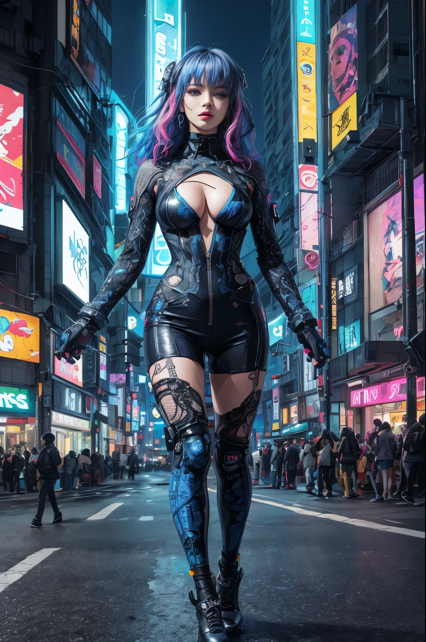 8k,masterpiece, best quality, Confident cyberpunk girl, full-body shot, Harajuku-style fashionable clothing, Bold colors and patterns, eye-catching accessories, Stylish and innovative hairstyle, Vibrant makeup, Cyberpunk’s dizzying cityscapes, skyscraper, neon lights, LED lights, Bright and vivid color scheme, anime big breasts, illustration, Detailed skin texture, Detailed fabric texture, Beautiful and delicate face, intricate details, Super detailed.