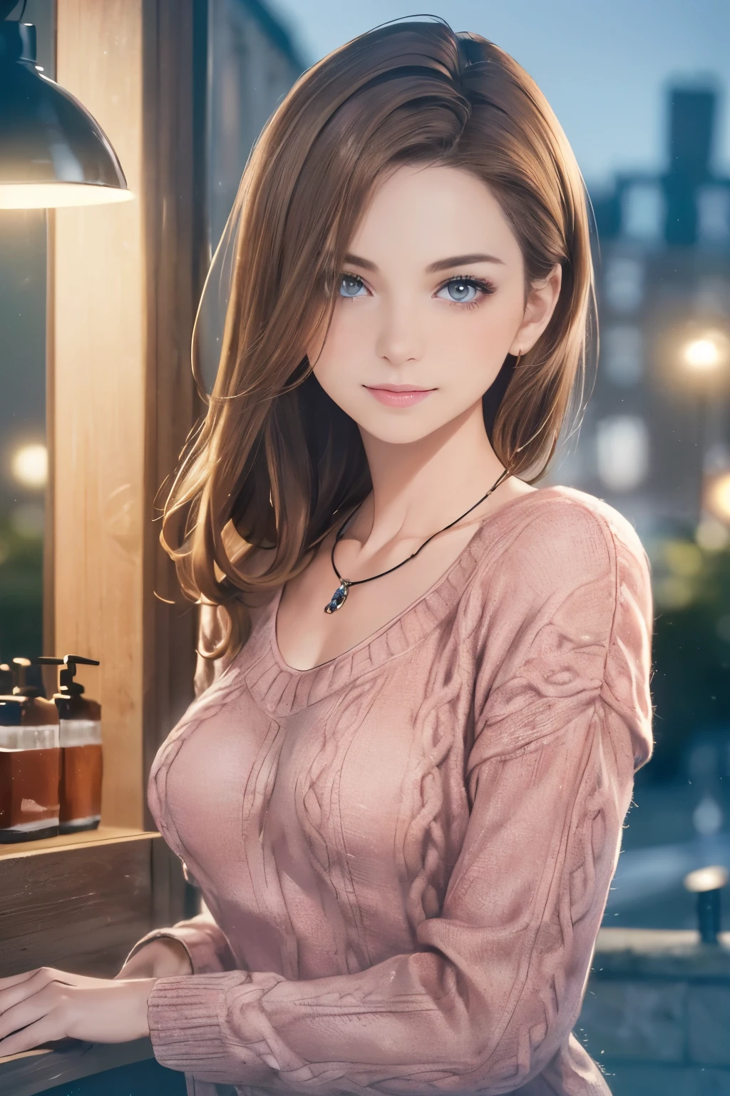 ((Night, Realistic Light, Best Quality, 8K, Masterpiece: 1.3)), 1girl, Slim Beauty: 1.4, (Brown hair, Medium breasts: 1.3), Long pink sweater: 1.1, Bathroom, Super fine face, Delicate eyes, Double eyelids, smile, necklace
