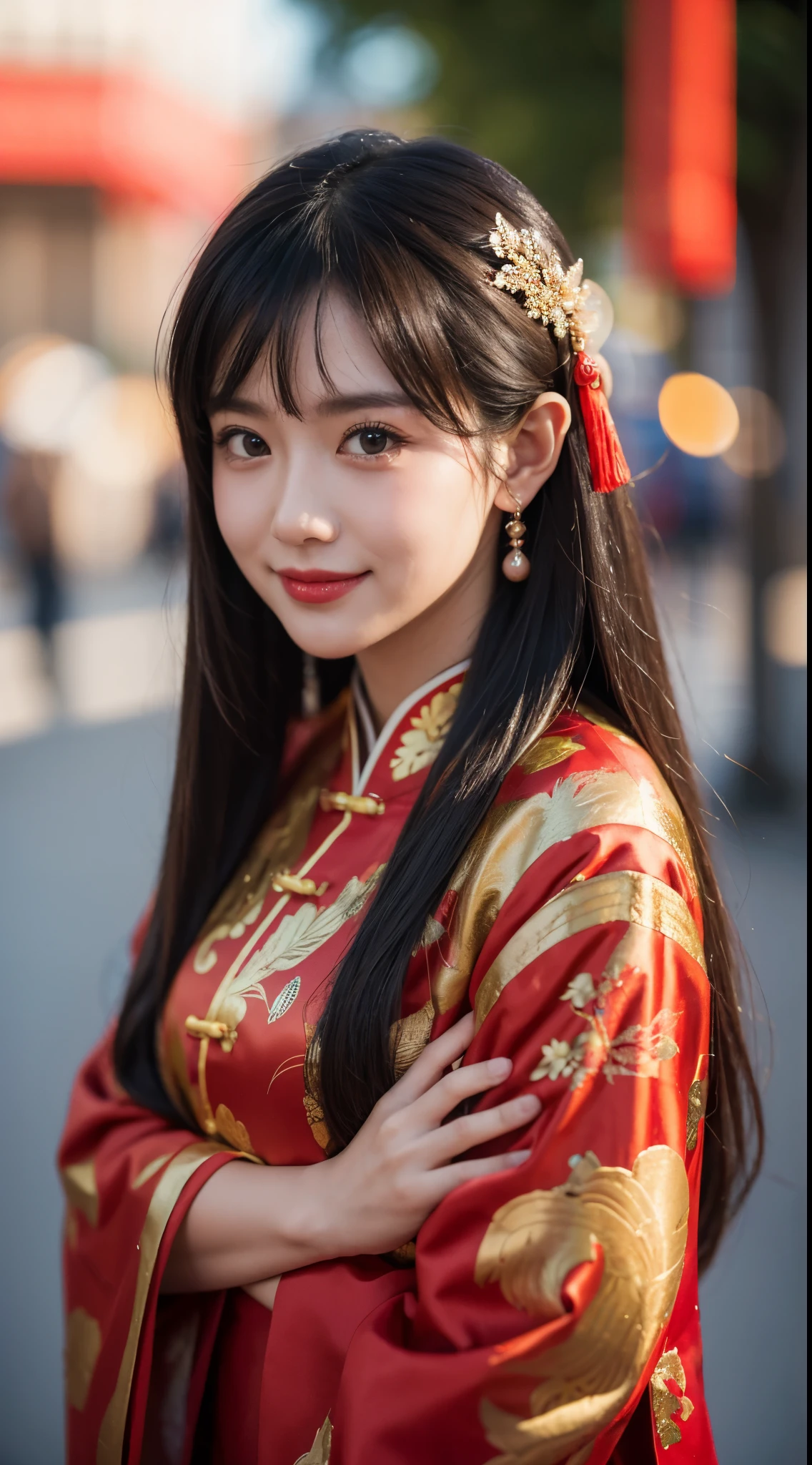 Chinese New Year costume, Portrait girl beautiful Bokeh Pelzval. 8K HDR, Photography. Smile cute. portrait pose 