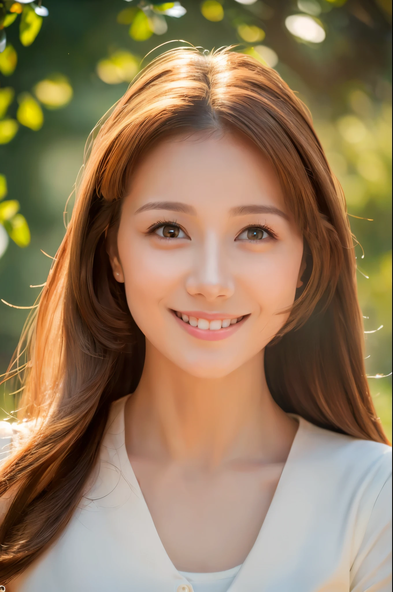 (Masterpiece:1.3), (8k, Photorealistic, RAW Photography, Best Quality: 1.4), soft light, professional lighting, 1girl, 30 years old, neat and clean beauty, closed mouth, smile, Brown Medium hair, outdoors