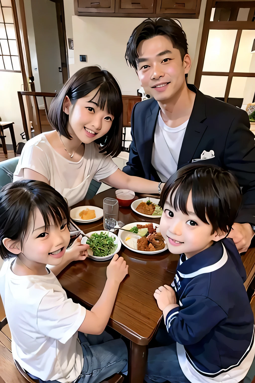 Character in 我推of孩子星(Star) venue(of)艾和她of孩子們,  Family portrait of three，A big smile, sitting at the dining table，擺滿了美味of食物.