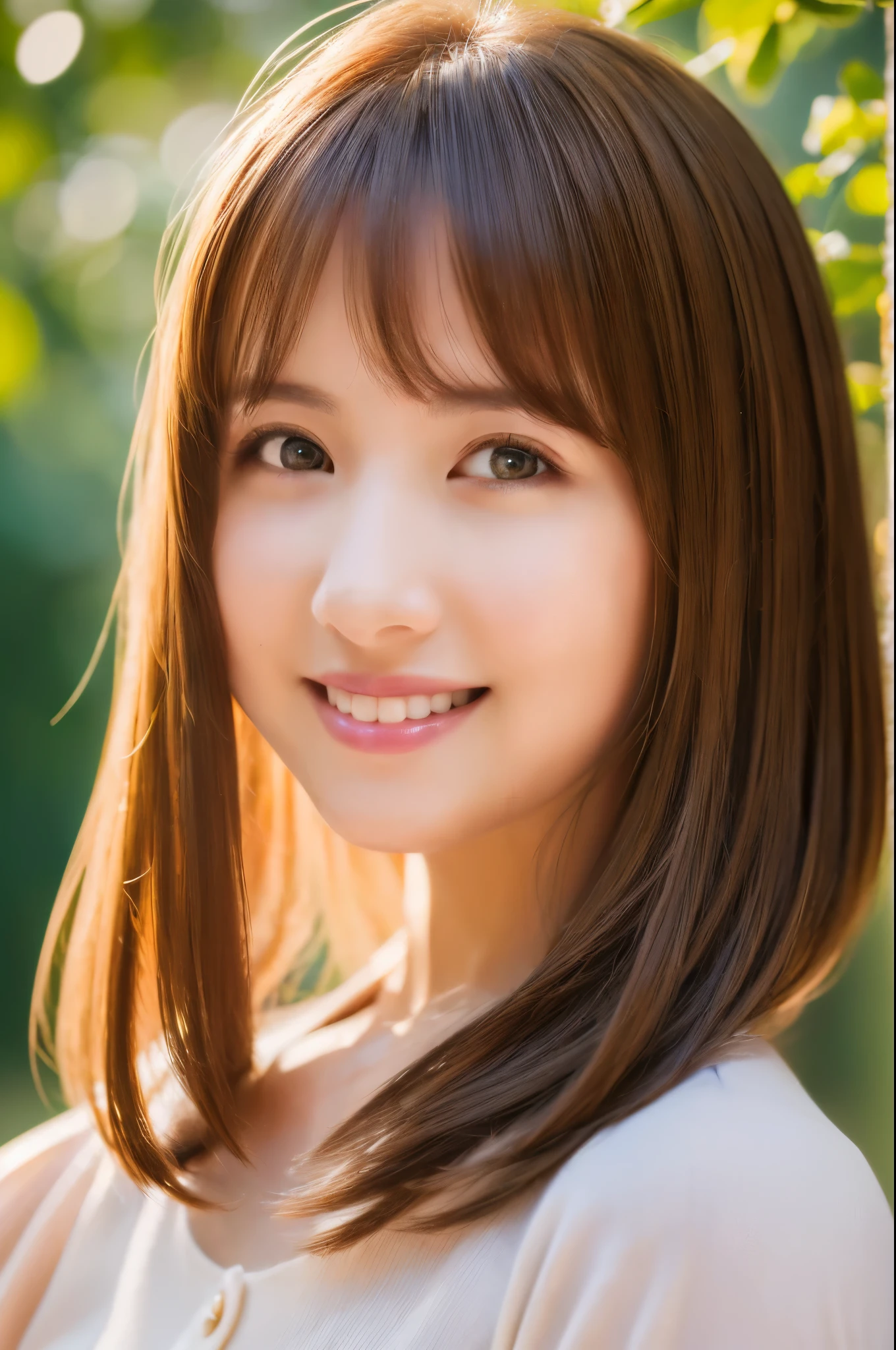 (Masterpiece:1.3), (8k, Photorealistic, RAW Photography, Best Quality: 1.4), soft light, professional lighting, 1girl, 30 years old, neat and clean beauty, closed mouth, smile, Brown Medium hair, outdoors