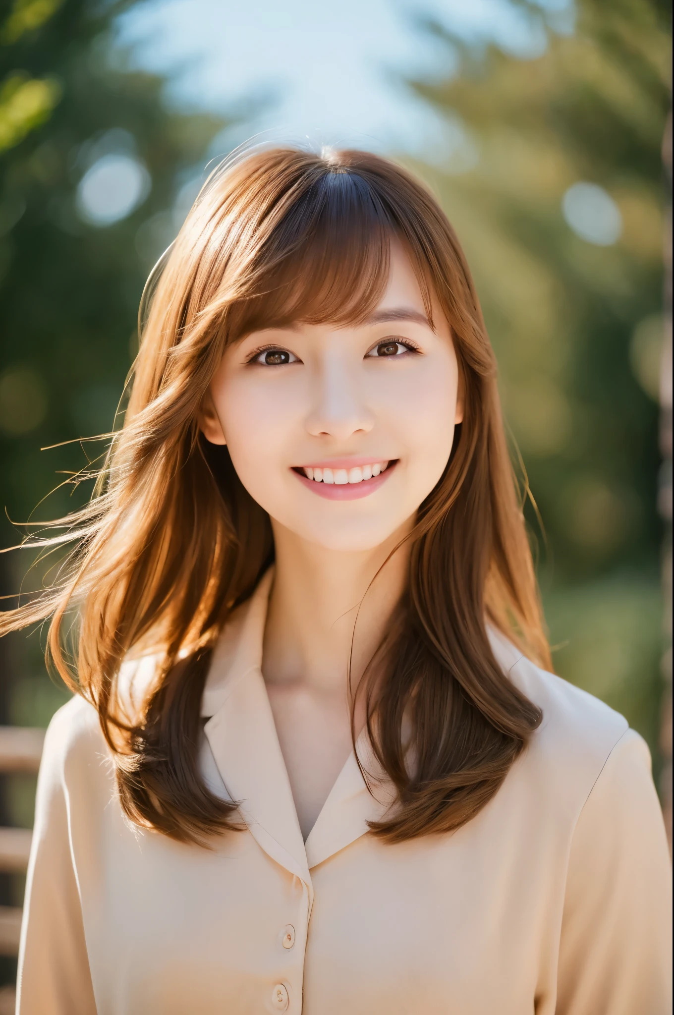 (Masterpiece:1.3), (8k, Photorealistic, RAW Photography, Best Quality: 1.4), soft light, professional lighting, 1girl, 30 years old, neat and clean beauty, closed mouth, smile, Brown Medium hair, outdoors