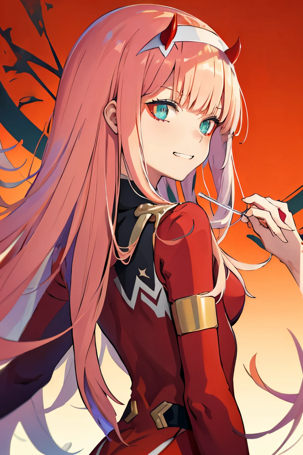 Shows , nipples, big ass,masterpiece, Best quality, ZeroTwo, horns, hair band, tie, Red dress, Looking at the viewer, Upper body, evil grin, Orange background, gradient background, holding a red lollipop 