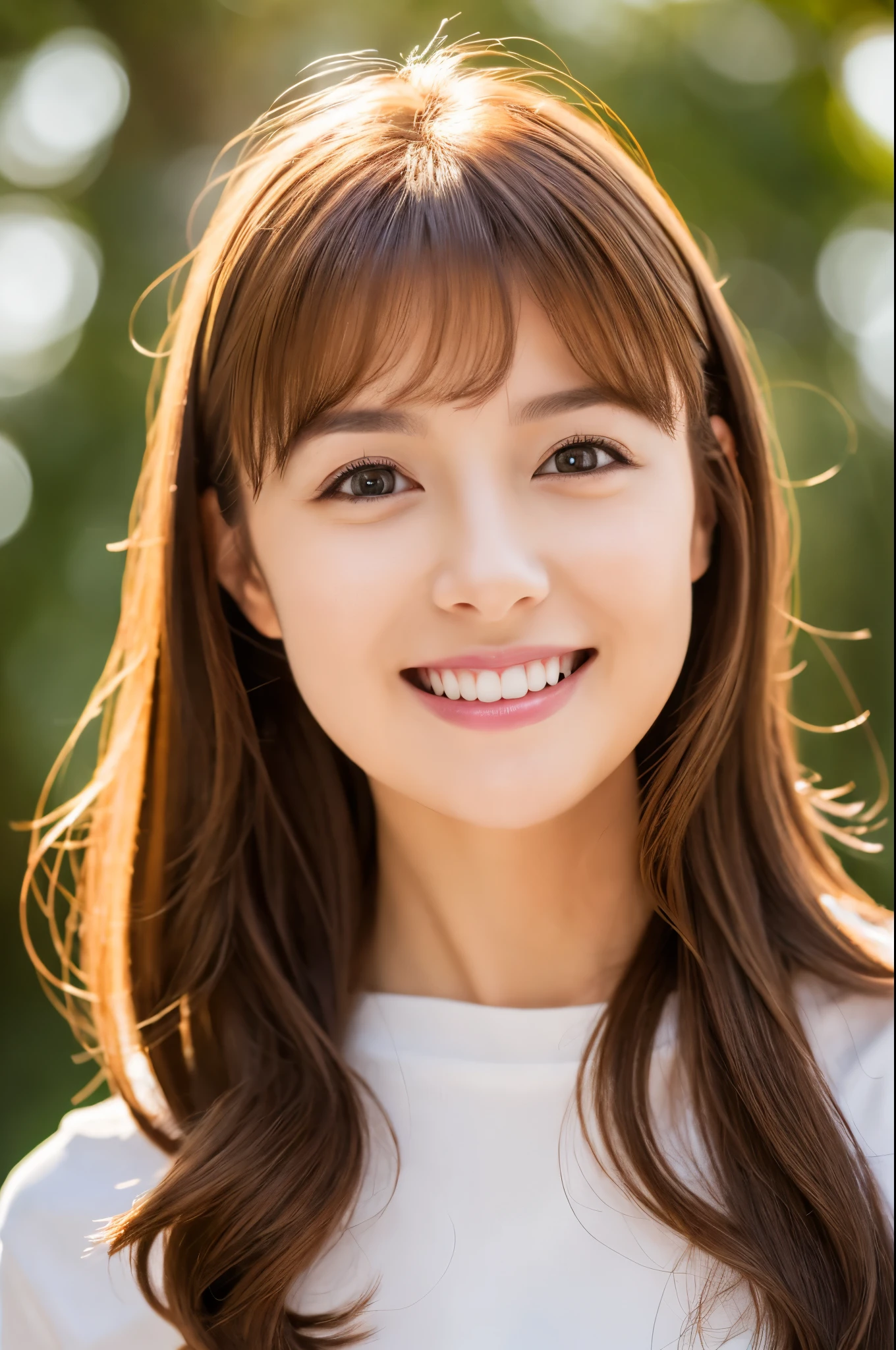 (Masterpiece:1.3), (8k, Photorealistic, RAW Photography, Best Quality: 1.4), soft light, professional lighting, 1girl, 30 years old, neat and clean beauty, closed mouth, smile, Brown Medium hair, outdoors
