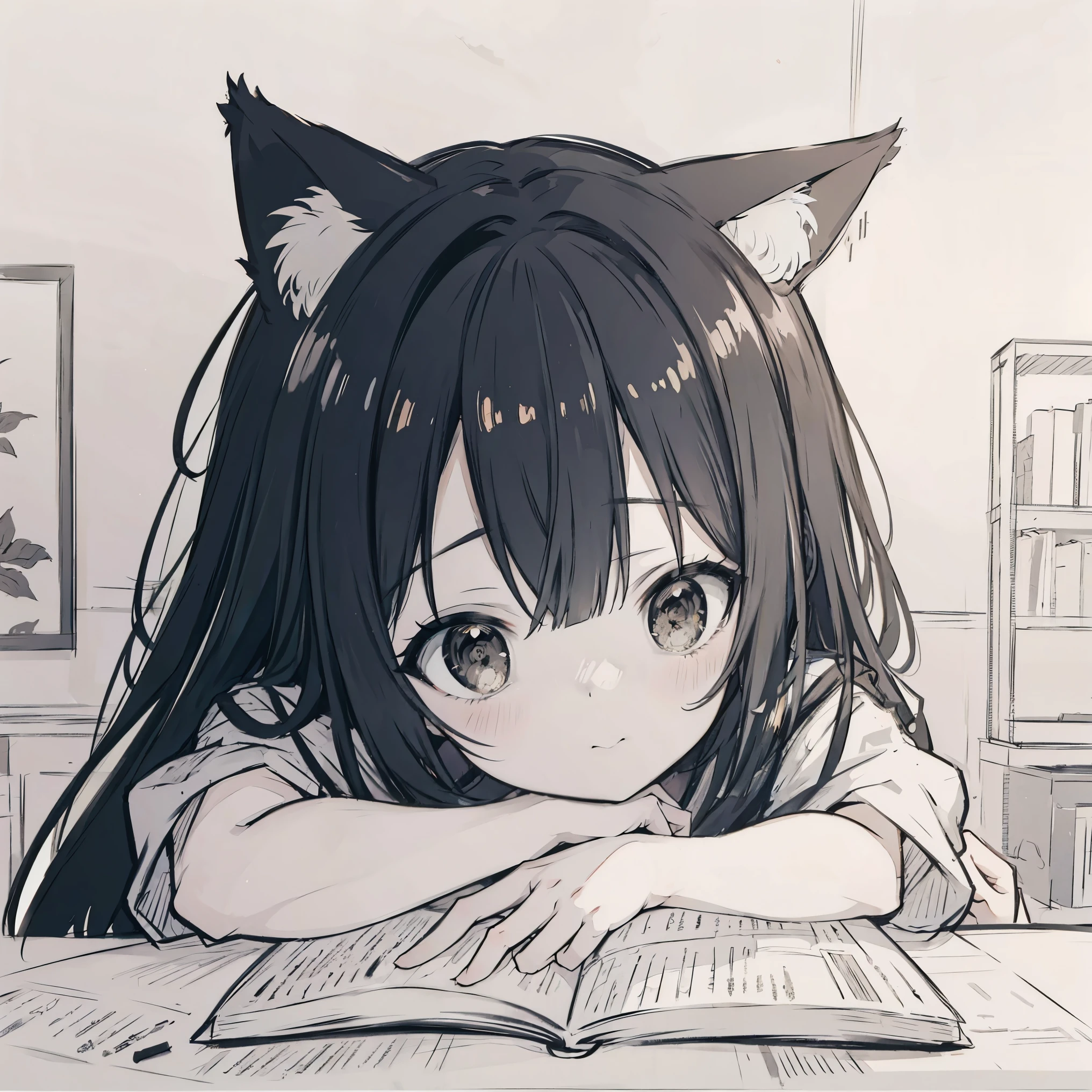 masterpiece, best quality, sketch, eyes visible through hair,cute, light blush, cute face, laughing, black hair, cat ears, arm_support,  