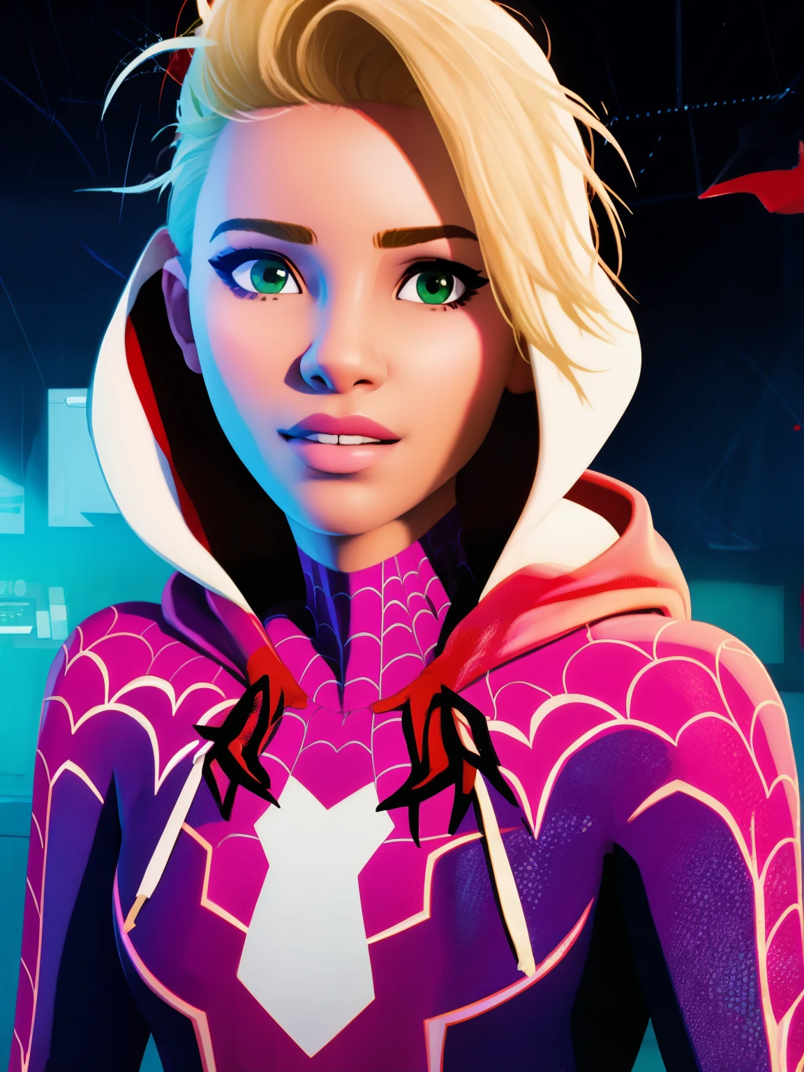 (masterpiece), ((best quality)), close-up uper body, light_smile, cinematic lighting, ultra-realistic, ((realistic)), (gwen_stacy), blonde_hair, short_hair, green eyes, solo, sidecut, asymmetrical_hair, parted_lips, eyebrow_piercing, (detailed face), beautiful 1girl, 1girl, looking at viewer, (beautiful detailed eyes), bodysuit, spider-suit, white hoodie, hood_down, portrait, upper_body, (side of head shaved), (small breasts)