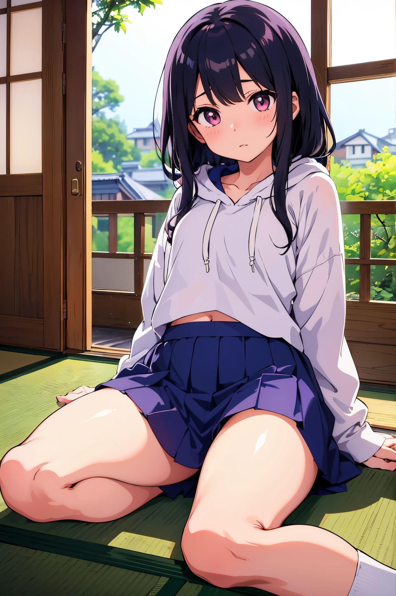 countryside Japanese house from the Showa era elementary school girl 8-year-old flat chest black hair long hair eyes are purple ((1 person)) Hooded hoodie with upper body pink Lower body navy blue mini skirt white panties white socks I am sitting with my legs apart on the floor of a dimly lit six-tatami room. ((white pantiesが見える)) dynamic angle Low angle focusing on the lower body