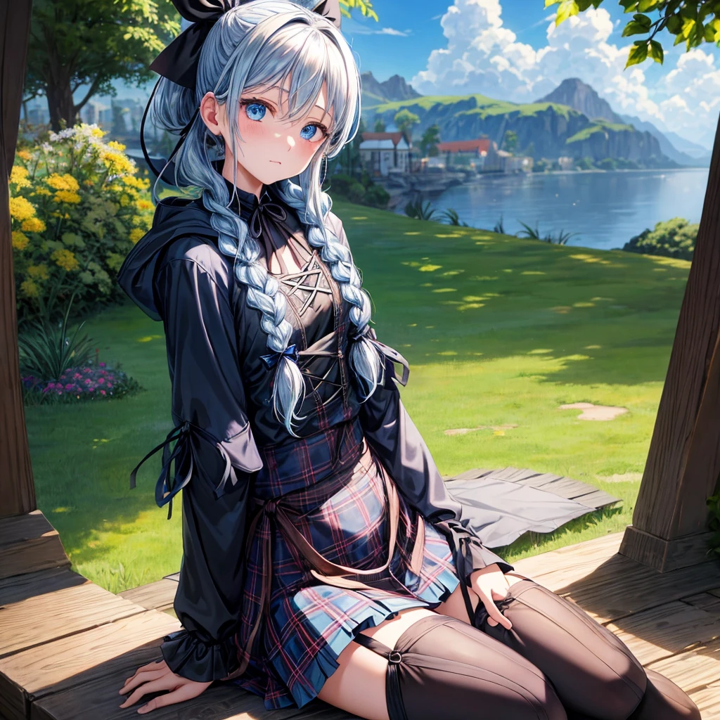 patina hair、blue eyes、Braid、ponytail、one good looking girl、solo、anime、Plaid miniskirt、camisole、black t-shirt、Tilting your face、Doing the ribbon、Ribbon at waist、cloak、Crystal Grotto、wearing a hood、look back、sitting、grass、clouds are being sucked in