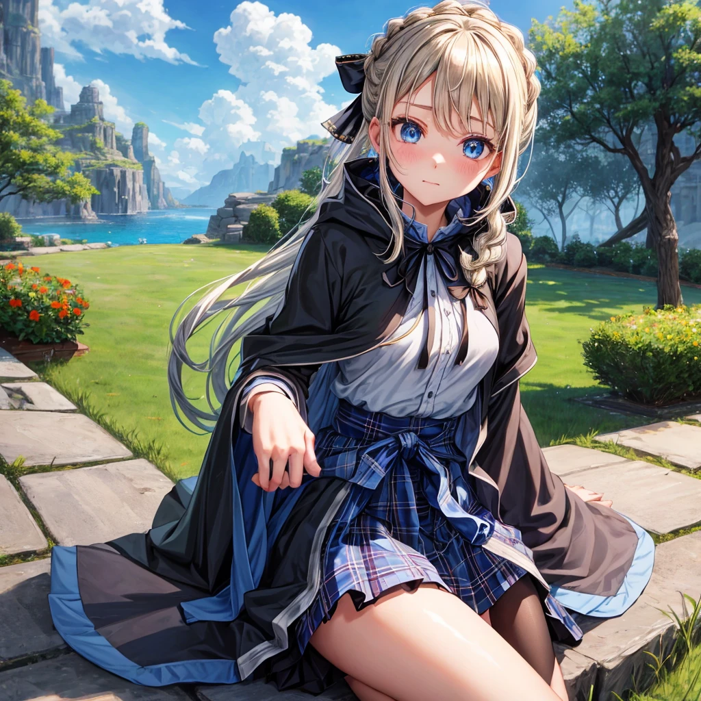 patina hair、blue eyes、Braid、ponytail、one good looking girl、solo、anime、Plaid miniskirt、camisole、black t-shirt、Tilting your face、Doing the ribbon、Ribbon at waist、cloak、Crystal Grotto、wearing a hood、look back、sitting、grass、clouds are being sucked in
