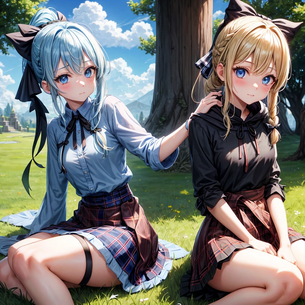 patina hair、blue eyes、Braid、ponytail、one good looking girl、solo、anime、Plaid miniskirt、camisole、black t-shirt、Tilting your face、Doing the ribbon、Ribbon at waist、cloak、Crystal Grotto、wearing a hood、look back、sitting、grass、clouds are being sucked in
