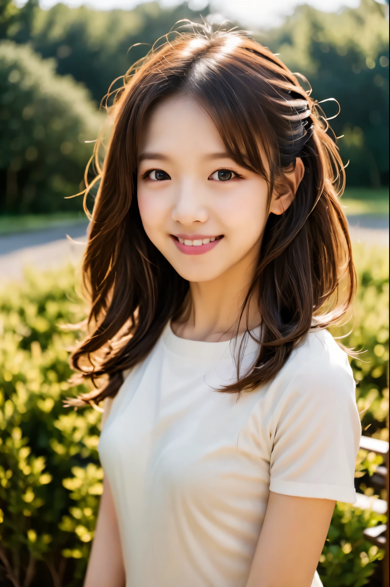 (Masterpiece:1.3), (8k, Photorealistic, RAW Photography, Best Quality: 1.4), soft light, professional lighting, 1girl, 30 years old, neat and clean beauty, closed mouth, smile, Brown Medium hair, outdoors