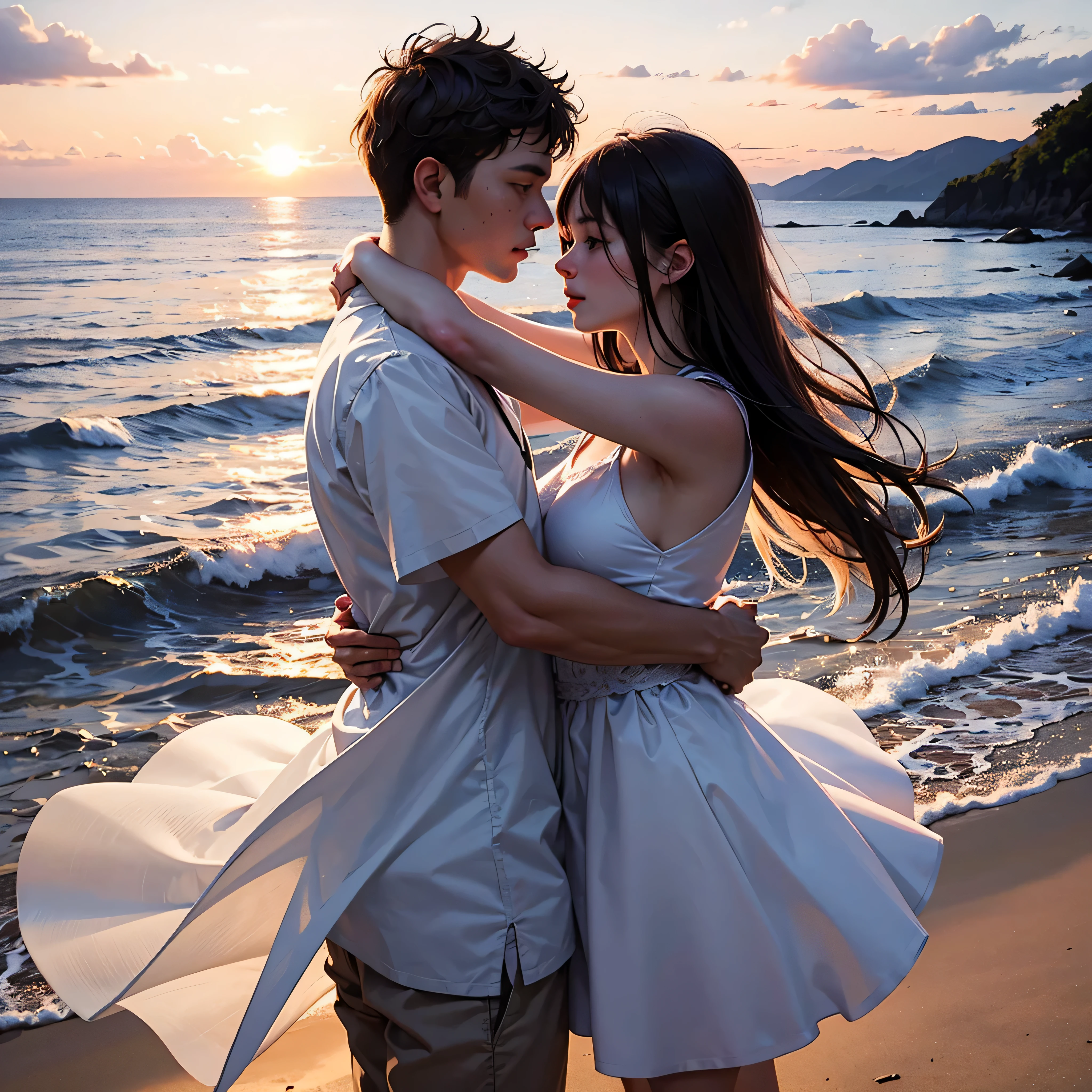 ((Realistic lighting, Best Quality, 8K, Masterpiece: 1.3)), Clear focus: 1.3, Clear face, Clear sky, Beach, Sunset, (HDR: 1.5), Chinese, couple holding hands, facing the sea.