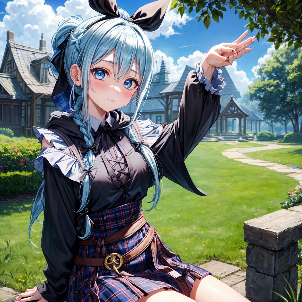patina hair、blue eyes、Braid、ponytail、one good looking girl、solo、anime、Plaid miniskirt、camisole、black t-shirt、Tilting your face、Doing the ribbon、Ribbon at waist、cloak、Crystal Grotto、wearing a hood、look back、sitting、grass、clouds are swirling