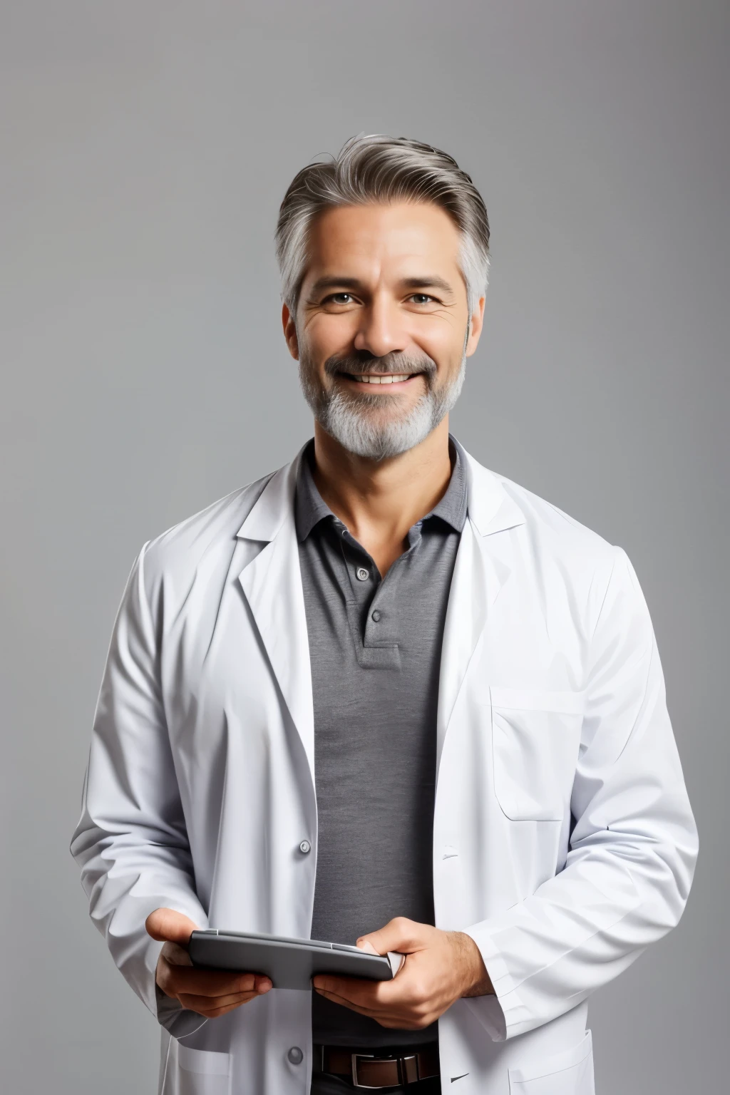 Generate an image of a smiling, attractive pharmacist, around 40 years old, with grayish beard and neatly combed hair, against a white background. The person should be holding a clipboard and facing forward, with a full body view and a smiling expression.