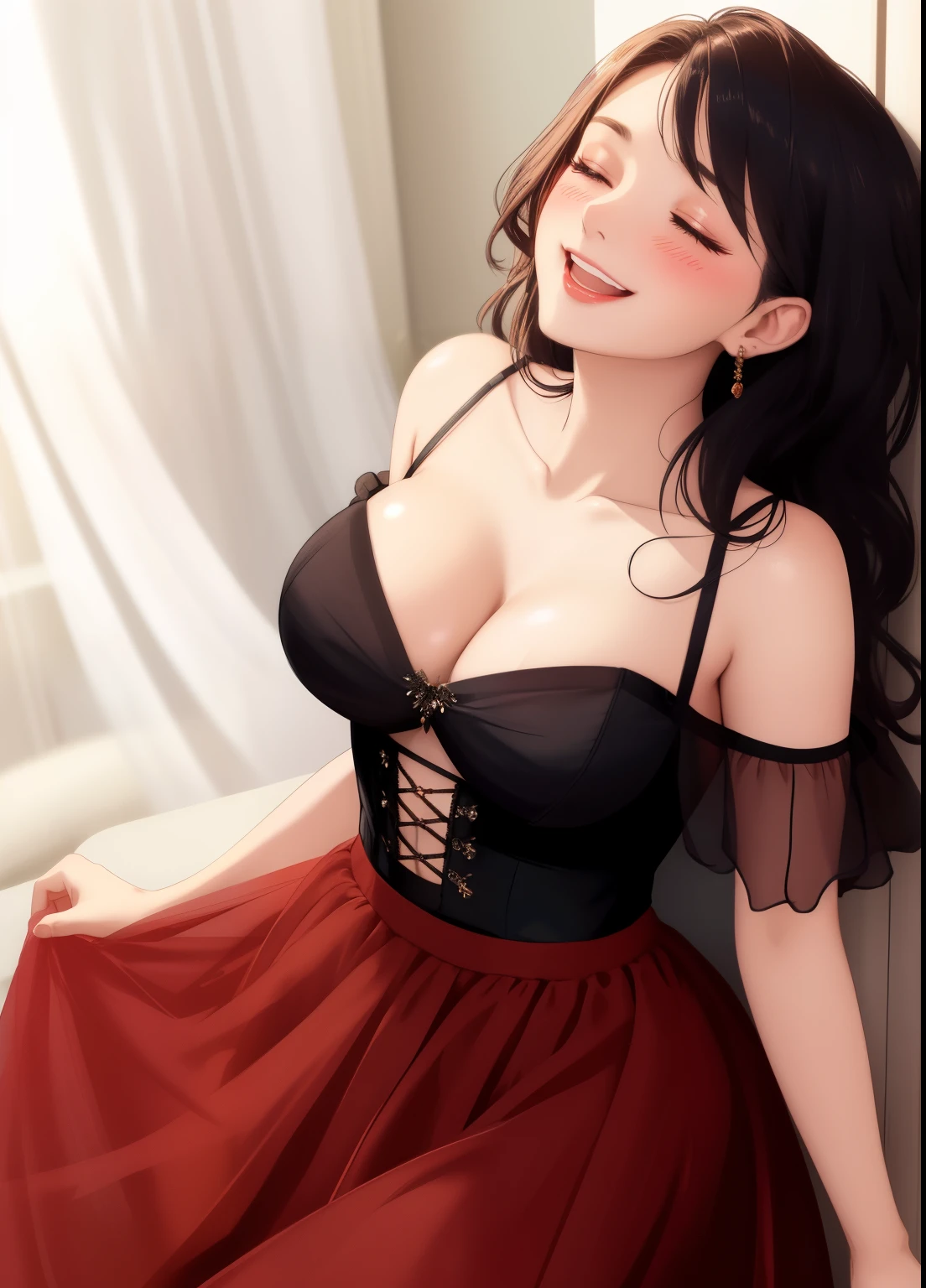Sexy woman in a chiffon off-shoulder bustier, paired with an elegant skirt, closed eyes, open mouth, blushing very hard, smiling, sweating, looking up, moaning, pleasure