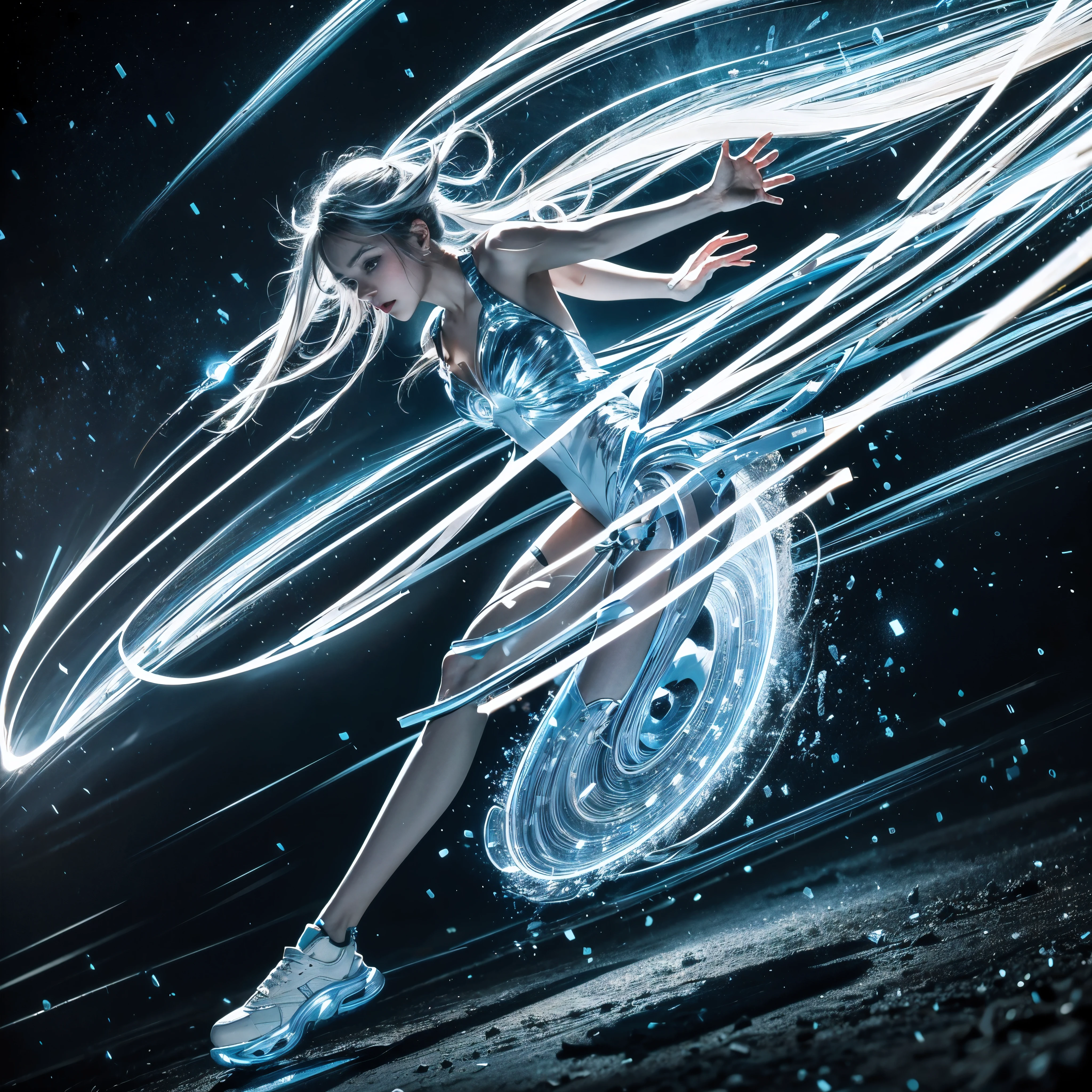 Real-life photo of "Speed of Light Soles," futuristic shoes designed with a glossy silver material and adorned with blue and white light streaks symbolizing waves of light. These shoes are made from a lightweight, durable synthetic material, streamlined to minimize air resistance during motion. The soles are equipped with micro-circuits for energy storage and release, and air cushions to absorb ground impact.

When in motion, the shoes leave vivid trails of light that linger in the air, creating a spectacle for onlookers. A blue-white aura forms around the wearer, acting as a protective shield while the shoes are activated, allowing the wearer to run at near-light speeds with instantaneous acceleration.