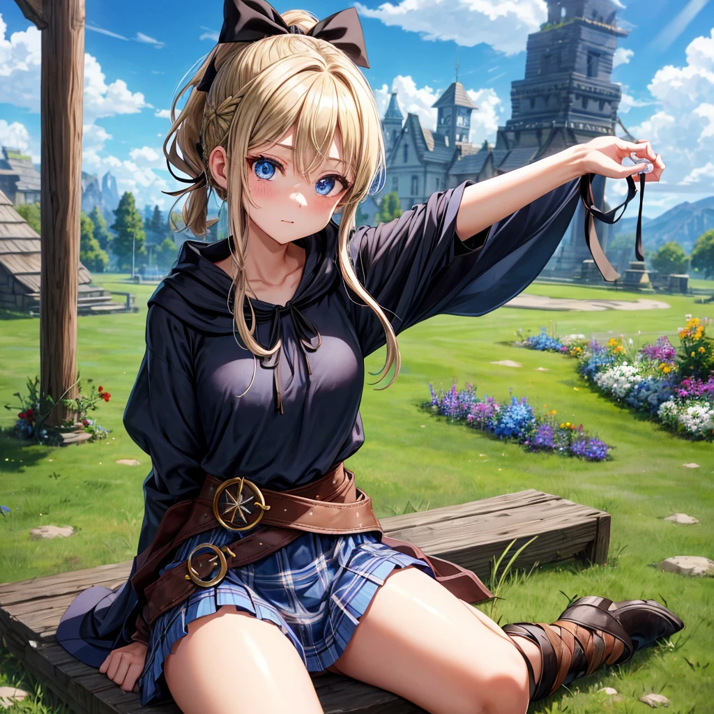 patina hair、blue eyes、Braid、ponytail、one good looking girl、solo、anime、Plaid miniskirt、camisole、black t-shirt、Tilting your face、Doing the ribbon、Ribbon at waist、cloak、Crystal Grotto、wearing a hood、look back、sitting、grass、clouds are swirling