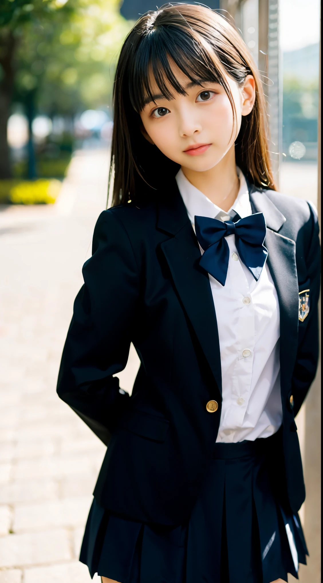 (masterpiece, highest quality:1.4), award-winning portraits, 8K, 85mm, alone, beautiful face, delicate girl, school uniform, (Dark Navy Blazer Jacket, turn your arms behind your back, close your face:1.2), Dark navy skirt, long sleeve, violaces, gardenia, grace, Sophisticated, cute, Ten generations, looking at the viewer, 18-year-old, RAW photo, disorganized, HDR, sharp focus, navy bow tie, background bokeh