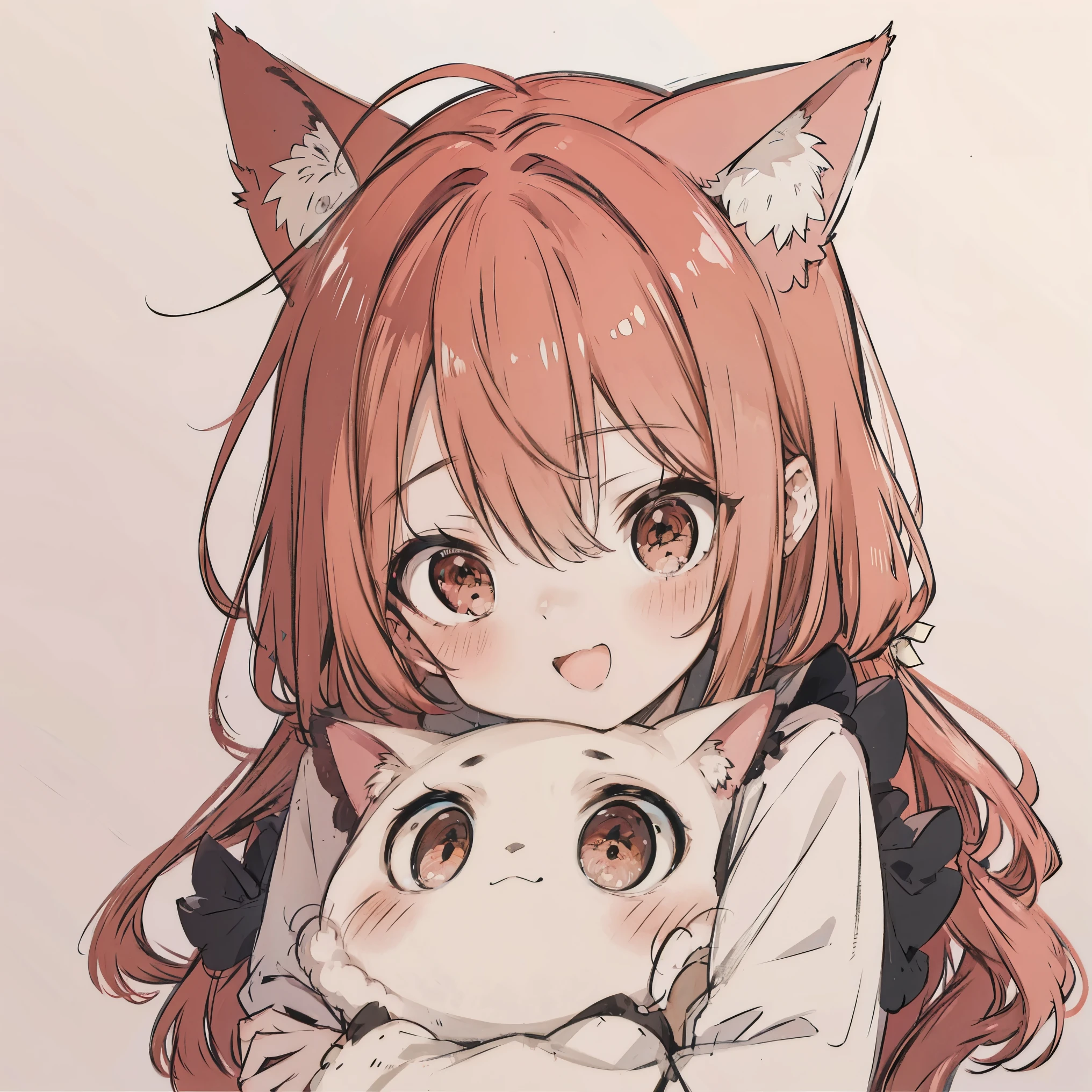 masterpiece, best quality, sketch, eyes visible through hair,cute, light blush, cute face, laughing, red hair, cat ears, arm_support,  