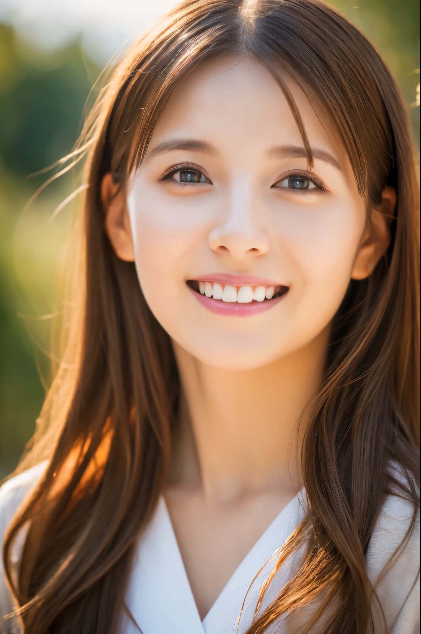 (Masterpiece:1.3), (8k, Photorealistic, RAW Photography, Best Quality: 1.4), soft light, professional lighting, 1girl, 30 years old, neat and clean beauty, closed mouth, smile, Brown Medium hair, outdoors