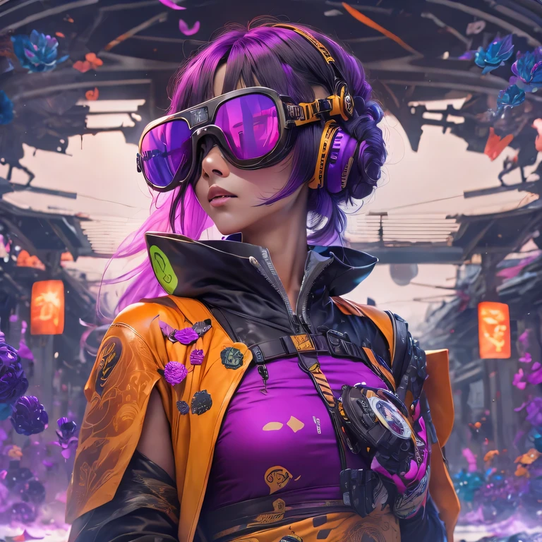 2679 Cyberpunk Year（masterpiece，HD，超HD，32k lotus root starch）Bright purple flowing hair，autumn pond， lotus root starch color， Asian （Michiko）， （silk scarf）， fighting stance， looking at the ground， Orange gradient long hair， ((Thick frame reflective jade windproof goggles))Floating bright purple， Fire cloud gold headdress， Chinese long-sleeved gold silk garment， （Abstract ink splash：1.2），mars background，lotus（realistically：1.4），bright purple hair，Smoke on the road，The background is very ivory、pure， high resolution， Detailed wind protection goggles， RAW photos lotus root starch， Sharp Re， Nikon D850 film photo by Jefferies Lee 4 Kodak Portra 400 camera F1.6 guns, rich and colorful, Super real、Vivid textures, dramatic lighting, Unreal Engine Art Station Trend, Silicon Nest 800，