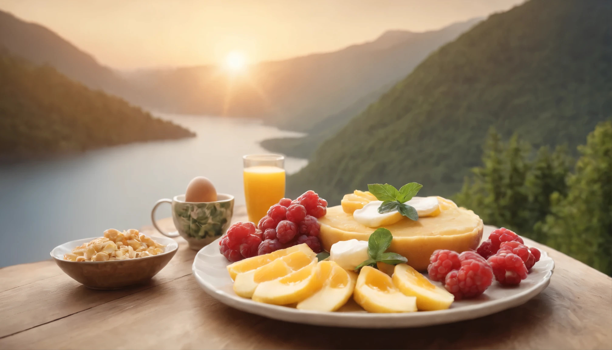 (Masterpiece, Top quality, Best quality, Beautiful and aesthetic:1.2), Extremely detailed, highest details, sunrise, A place near the lake. the trees. terrace, Mountains in the background, There is a bouquet on the table, Cups of coffee, Vases with fruits, berries, pineapples,bananas,. exotic fruits on the table, eggs on the table, the most fantastic breakfast foods on the table. radiant light shinning in.