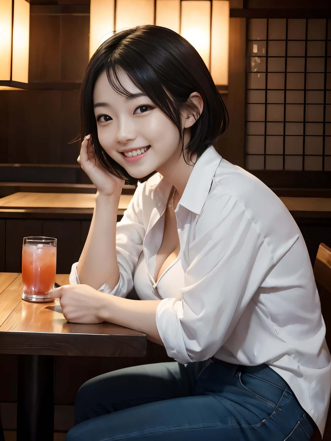 masterpiece、Japanese gravure idol、Red lantern、Yakitori restaurant、She sits across from the table、A woman with short black hair is drinking a cocktail across the table.、20-year-old、smaller hands、big breasts、beautiful feet、I can see the cleavage、There is a gap、Wearing casual jeans and a wide shirt、A happy smile、laughing out loud、I can see white teeth、Delicate skin feel、shiny hair、8K