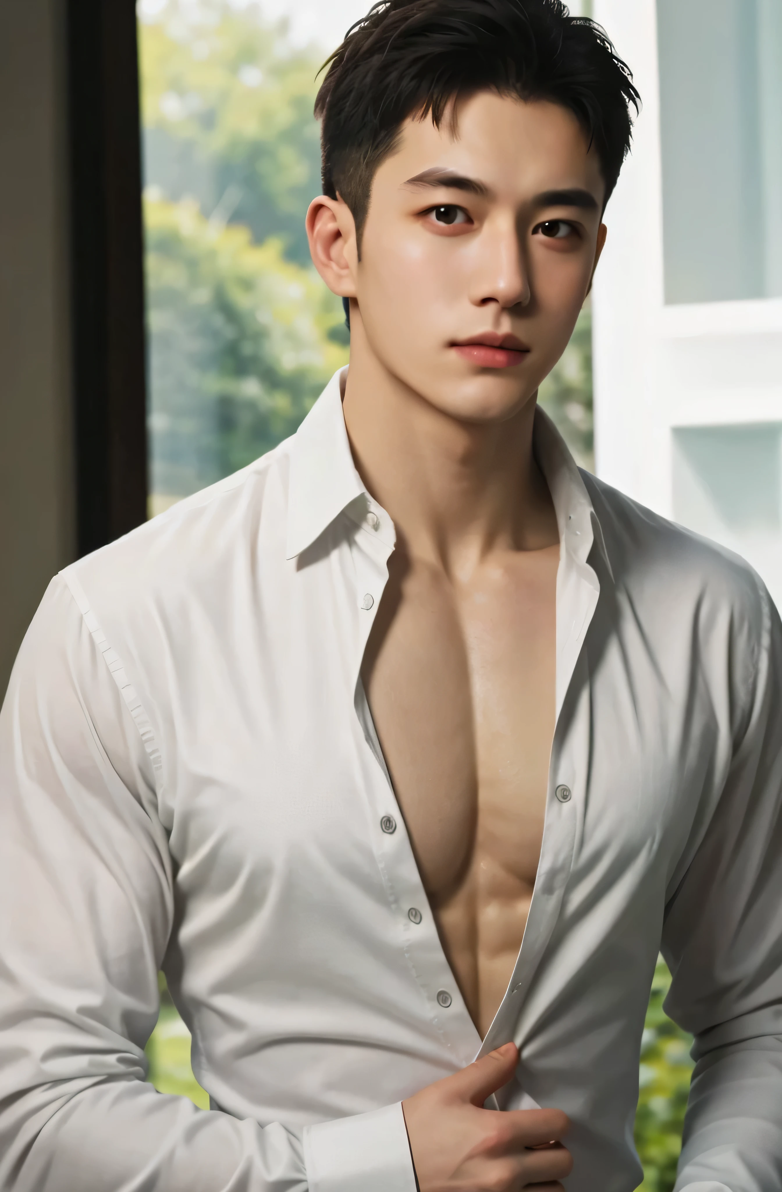 1 person, a 25-year-old muscular man, Please wear a white long-sleeved shirt and tie.., bodice, soft lighting, masterpiece, best quality, 8k Ultra HD, DSLR camera, film grain, Midjourney and Greg Rutkowski's Fujifilm XT3 Realistic Painting Art