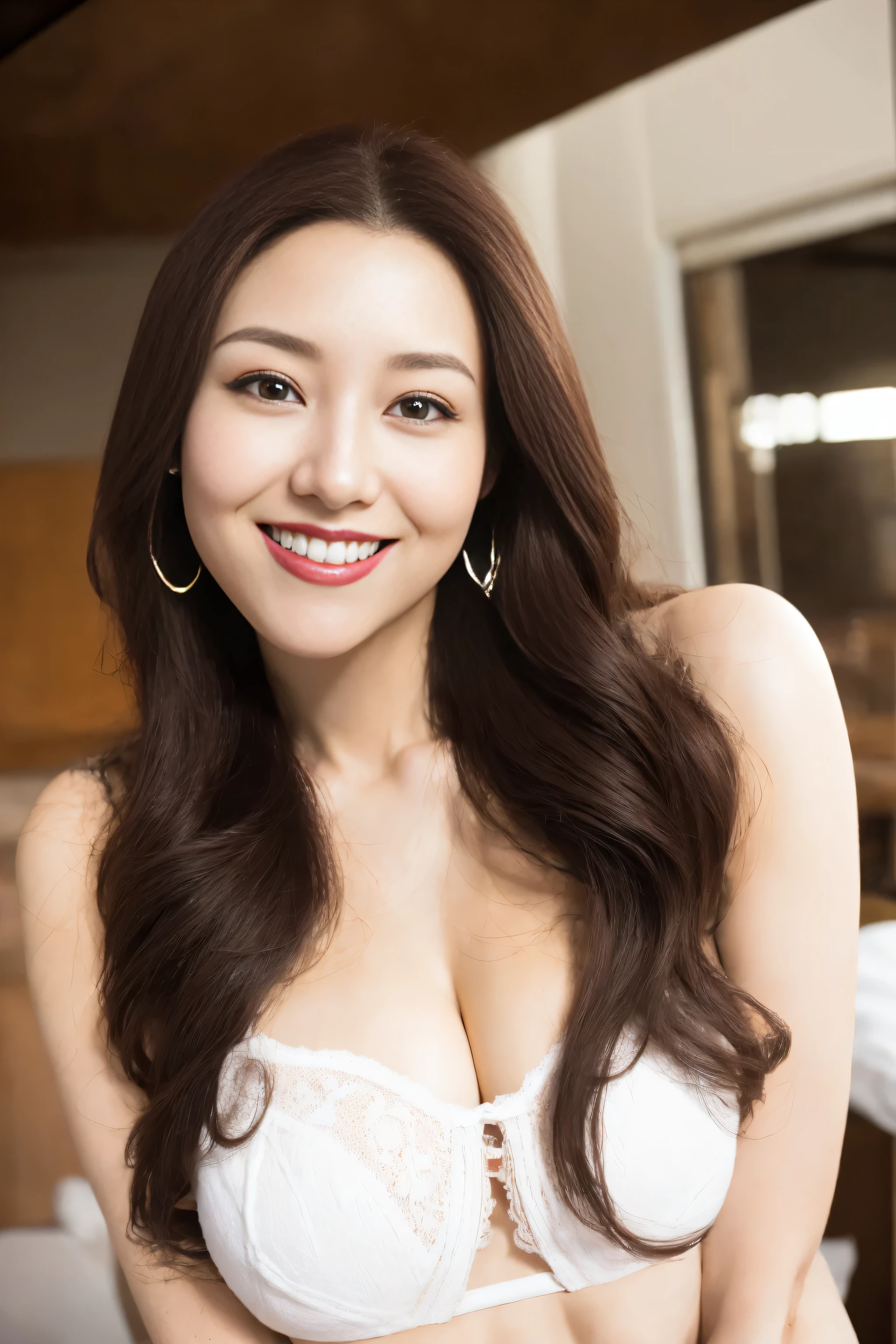 nice images，clear focus，perfect brown eyes，bright red lips，long hair，Home，Look head-on，full pose，wonderful faces..，It looks beautiful。，(((White hollow sexy underwear)))，((A satisfied smile))，extra focus，Radiant face，facial details，8K resolution，