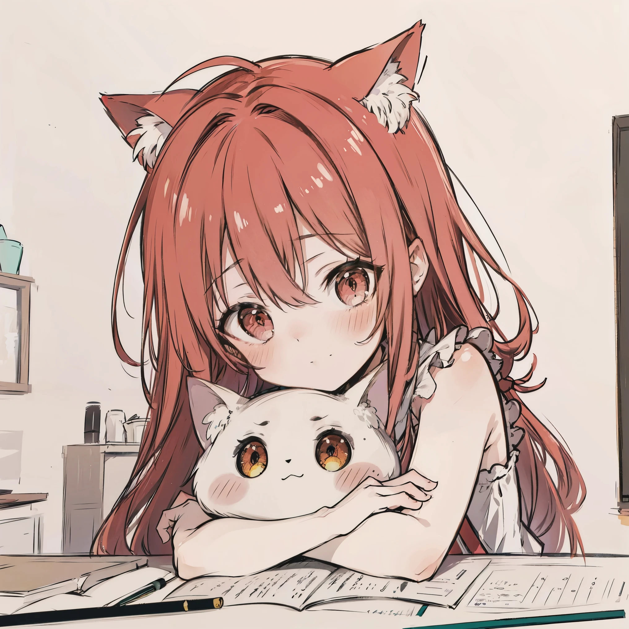 masterpiece, best quality, sketch, eyes visible through hair,cute, light blush, cute face, laughing, red hair, cat ears, arm_support,  