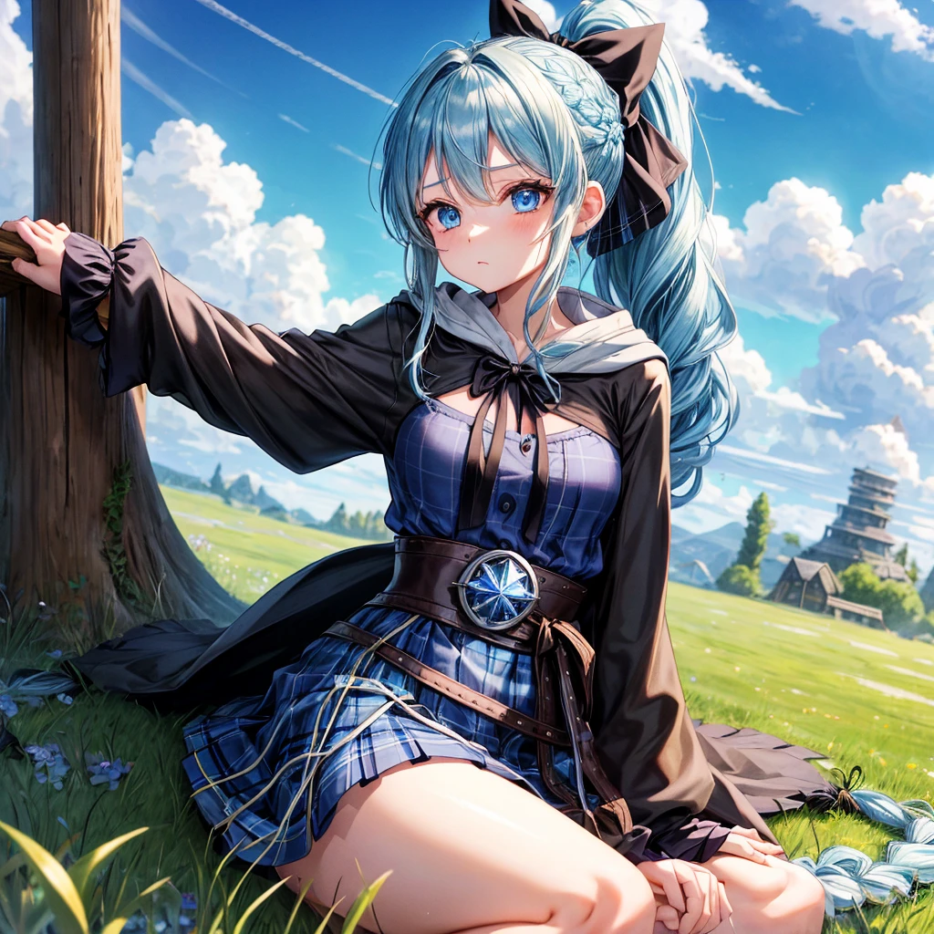 patina hair、blue eyes、Braid、ponytail、one good looking girl、solo、anime、Plaid miniskirt、camisole、black t-shirt、Tilting your face、Doing the ribbon、Ribbon at waist、cloak、Crystal Grotto、wearing a hood、look back、sitting、grass、clouds are swirling、the clouds are breaking through